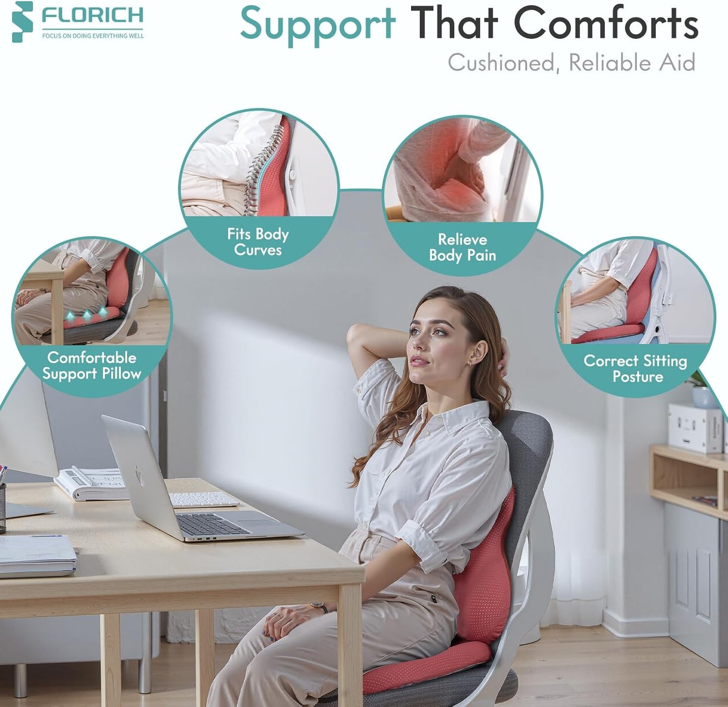 FLORICH Car Seat Cushion and Lumbar Support Pillow for Office Chair Car, Ergonomic Memory Foam, Relieves Back Sciatica Pain, Pressure-Relieving Back Support for Car, Office Chair & Wheelchair - Red