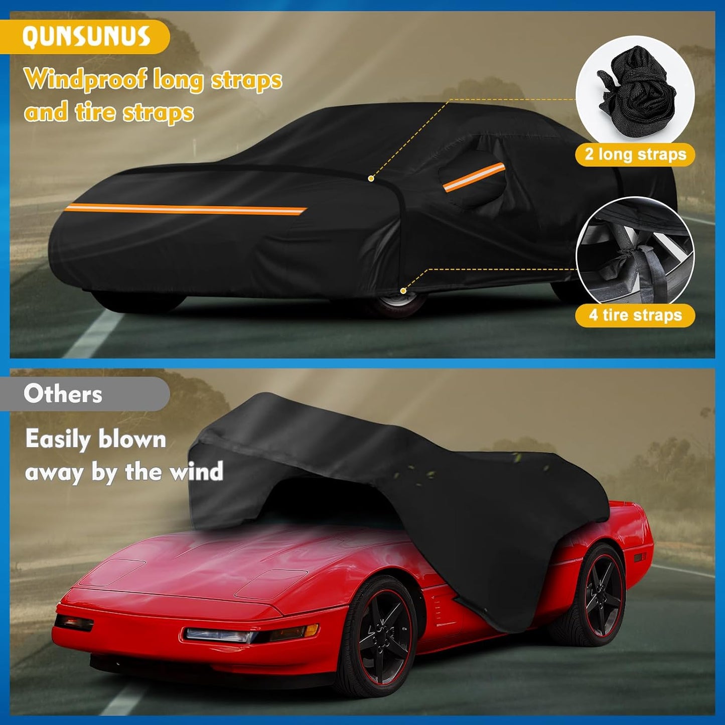 QUNSUNUS Waterproof Car Cover for C4 Corvette 1984-1996, Outdoor Car Covers with Zipper, All Weather Cover with Straps and Elastic Edges for Wind, Sun, UV and Dust Protection