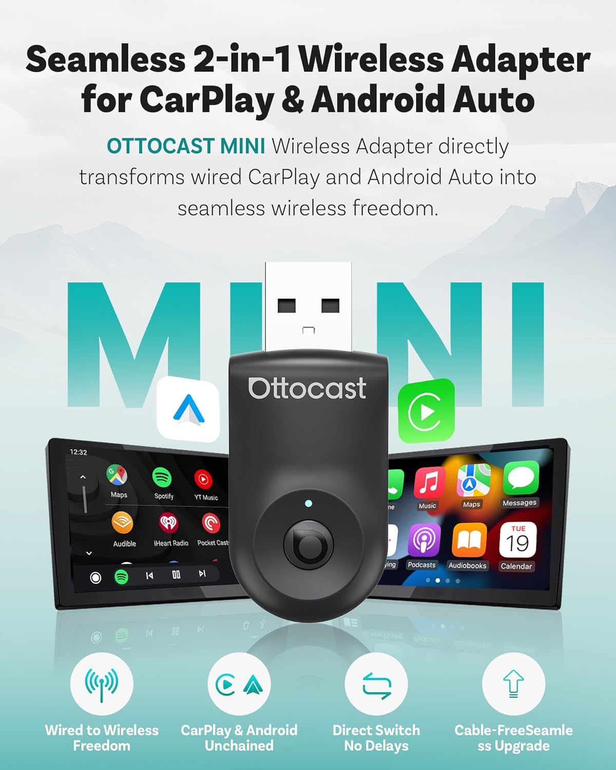 OTTOCAST Mini 2025 2-in-1 Wireless CarPlay/Android Auto Adapter, 5GHz WiFi, Auto Connect for 2016+ Cars