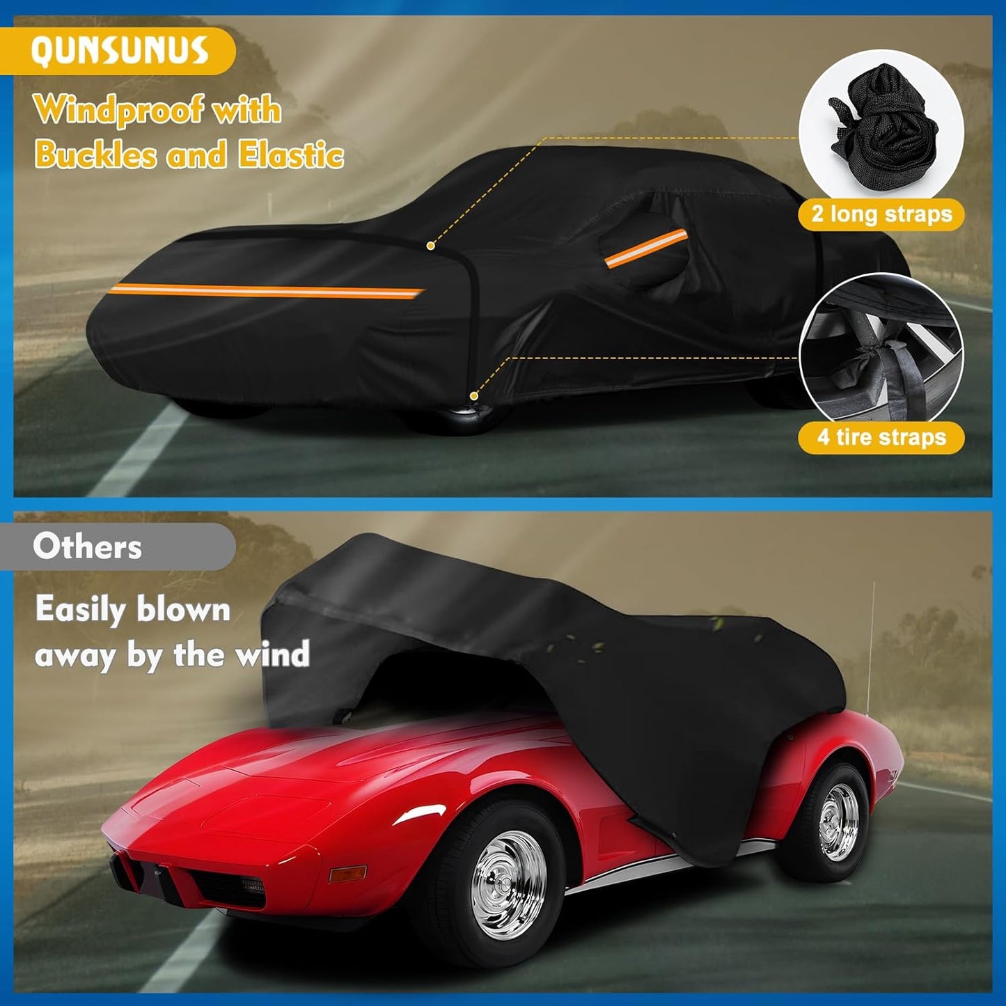 QUNSUNUS 6 Layer Car Cover for C3 Corvette 1968-1982 Waterproof All Weather Windproof for Corvette Car Cover Hail Protection with Zipper