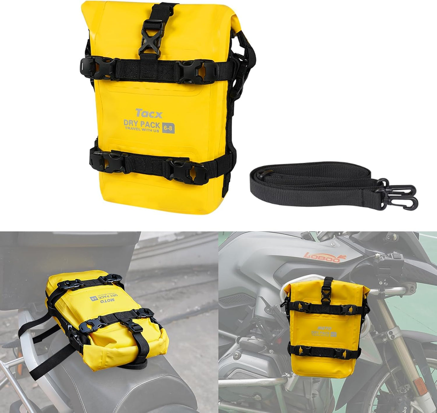 Motorcycle Tail Bag Front Bumper Bag, 8L Roll-top Waterproof Motor Saddle Panniers Luggage Bags for Bike Motorcy-Yellow