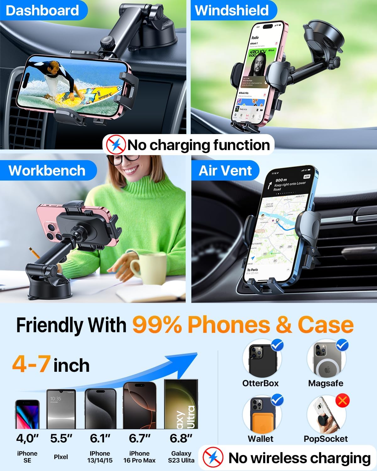 HTU [True Military-Grade] 2025 Upgraded Car Phone Holder 【Safety Certs & No Smell】 Cell Phone Holder for Car Mount for Dashboard Windshield Air Vent Long Arm Thick Case,Sapphire Blue