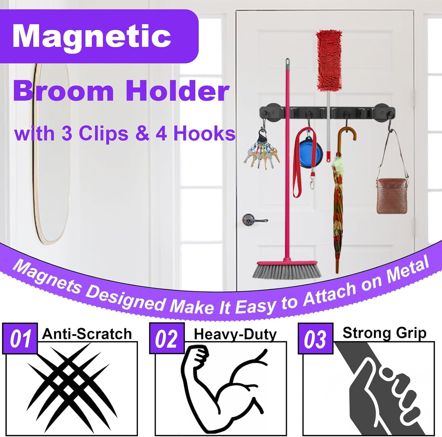 Magnetic Mop Broom Holder, Heavy Duty Magnetic Mop Hanger with Swivel Hooks for Cleaning Tools, Strong Magnet Mount Tool Hanger Organize System Utility Rack for Refrigerators Laundry Garage Kitchen