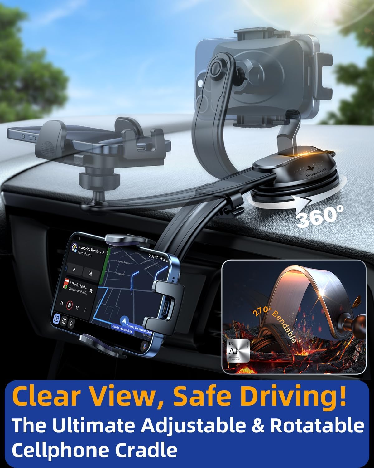 YRU [2025 Ultimate Car Phone Holder Mount [Bendable & Adjustable Aluminum Arm] Cell Phone Holder for Car Dashboard Windshield Phone Stand for iPhone16 15 14 Pro Max Samsung Pickup Truck, Dark Blue