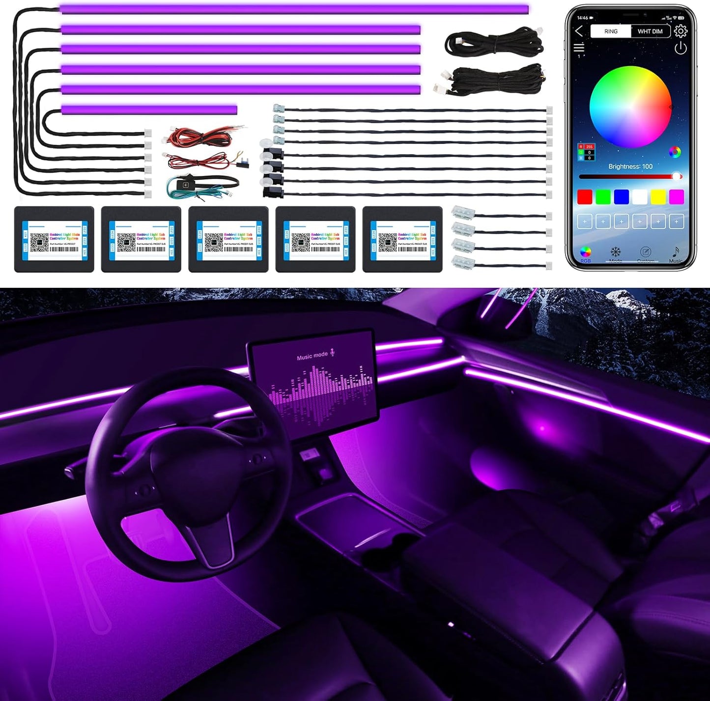 Acrylic Interior LED Strip Light With Wireless APP, RGB 18 in 1 With 175 Inches 600 LEDs Fiber Optic Ambient Lighting Kits for Car, 16 Million Colors Sound Active Function