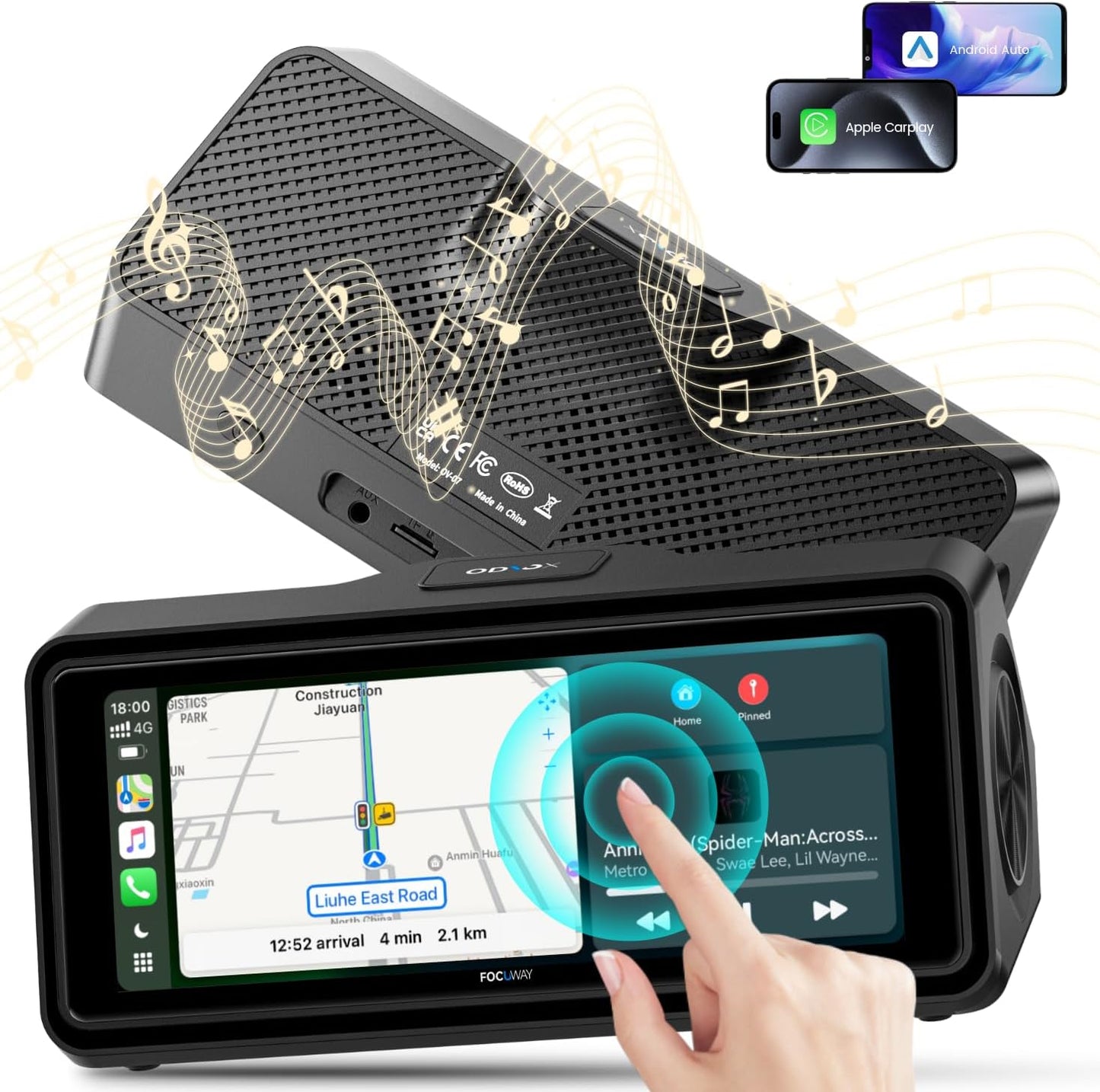 Portable Apple Carplay Screen for Car, Touch Screen with Wireless Android Auto, Car Audio Receivers with Voice Control, Mirror Link, Music Play, GPS Navigation, Built-in Customized Speakers (Black)