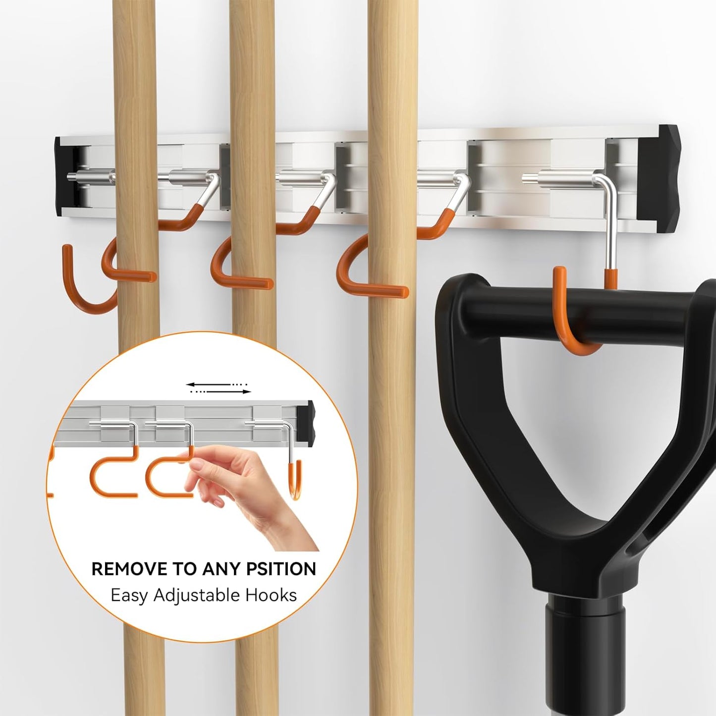 69'' Aluminum Alloy Garage Tool Organizer Hooks,Broom Holder Wall Mount, Adjustable Garden Wall Mount Holder for Hanging Shovel Broom Rake Bulk Items and More