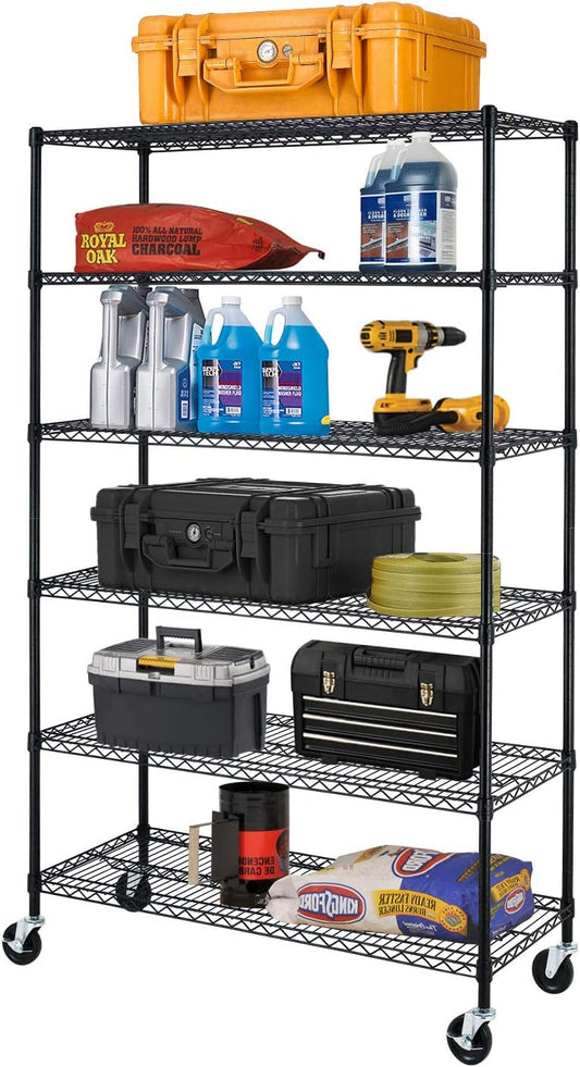BestOffice NSF Wire Shelving Unit 6-Shelf Large Storage Shelves Heavy Duty Metal Wire Rack Height Adjustable Commercial Grade Utility Storage Rack on 4" Casters 6000LB Capacity 18x48x76,Black