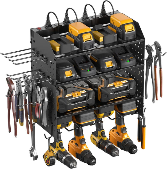 CCCEI Modular Power Tool Organizer with Charging Station. 4 Layer Wall Mount Drills Holder, Tool Battery Charger Organizer. Garage Shop Storage Utility Shelf with 6FT Power Strip, Gift for Men.