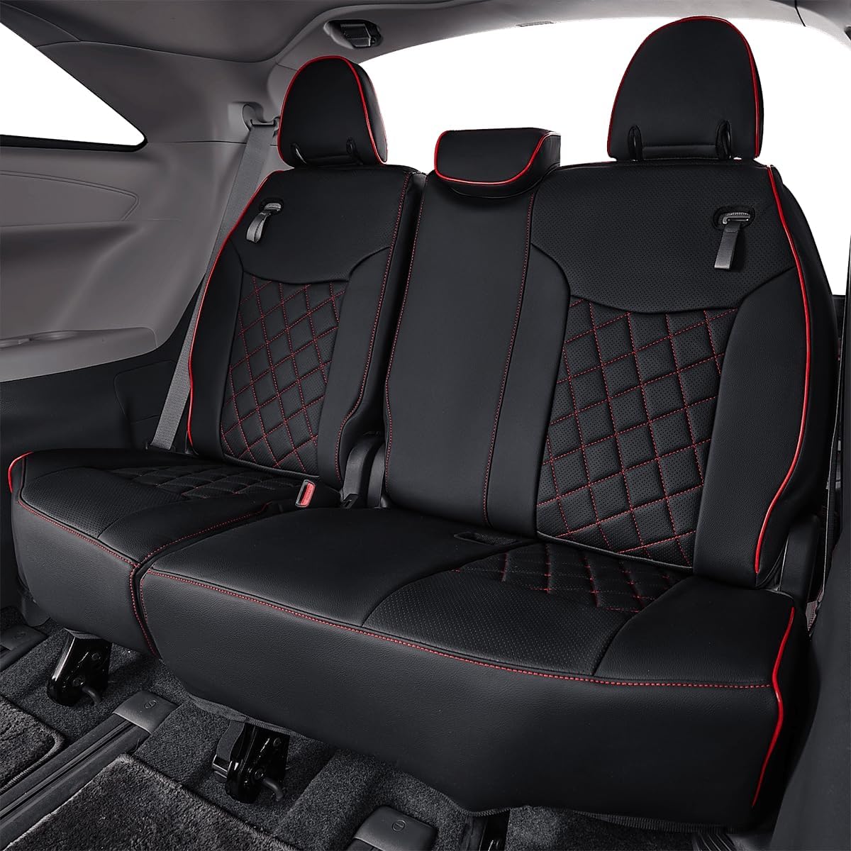 EKR Sienna Seat Covers for 2011-2020 Toyota Sienna LE,XLE, SE,XLE Premium 2nd Row 4/2/4 Split,8 Seats,Waterproof Car Seat Cover Full Set,Car Seat Protectors- Three Row,Leather(Black with Red Piping)