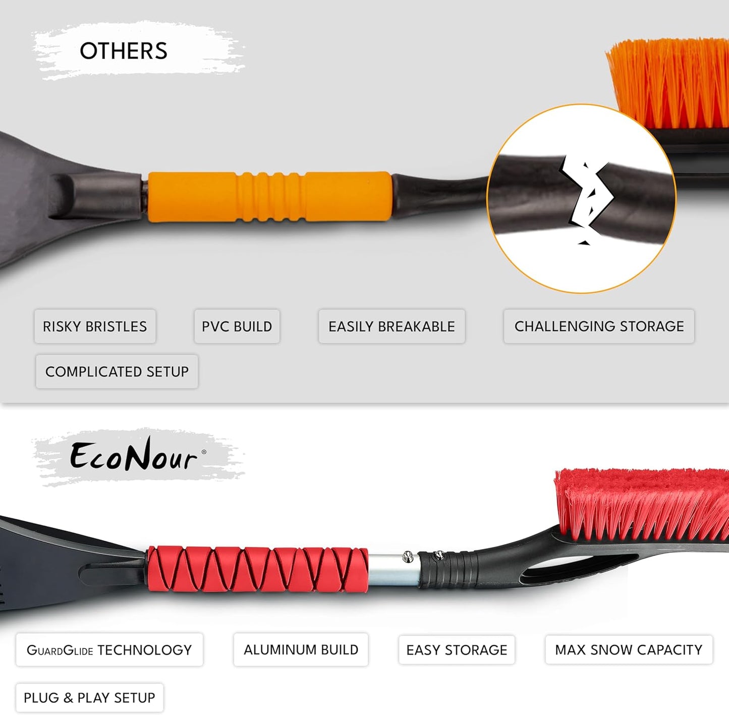 EcoNour 27" Aluminum Car Snow Scraper and Brush (Orange, Red & Blue) | Weaved Bristle Head with Metal Body Ice Scraper for Car Windshield | Tough Ice Scraper with Foam Grip Winter Accessory | 3 Pack