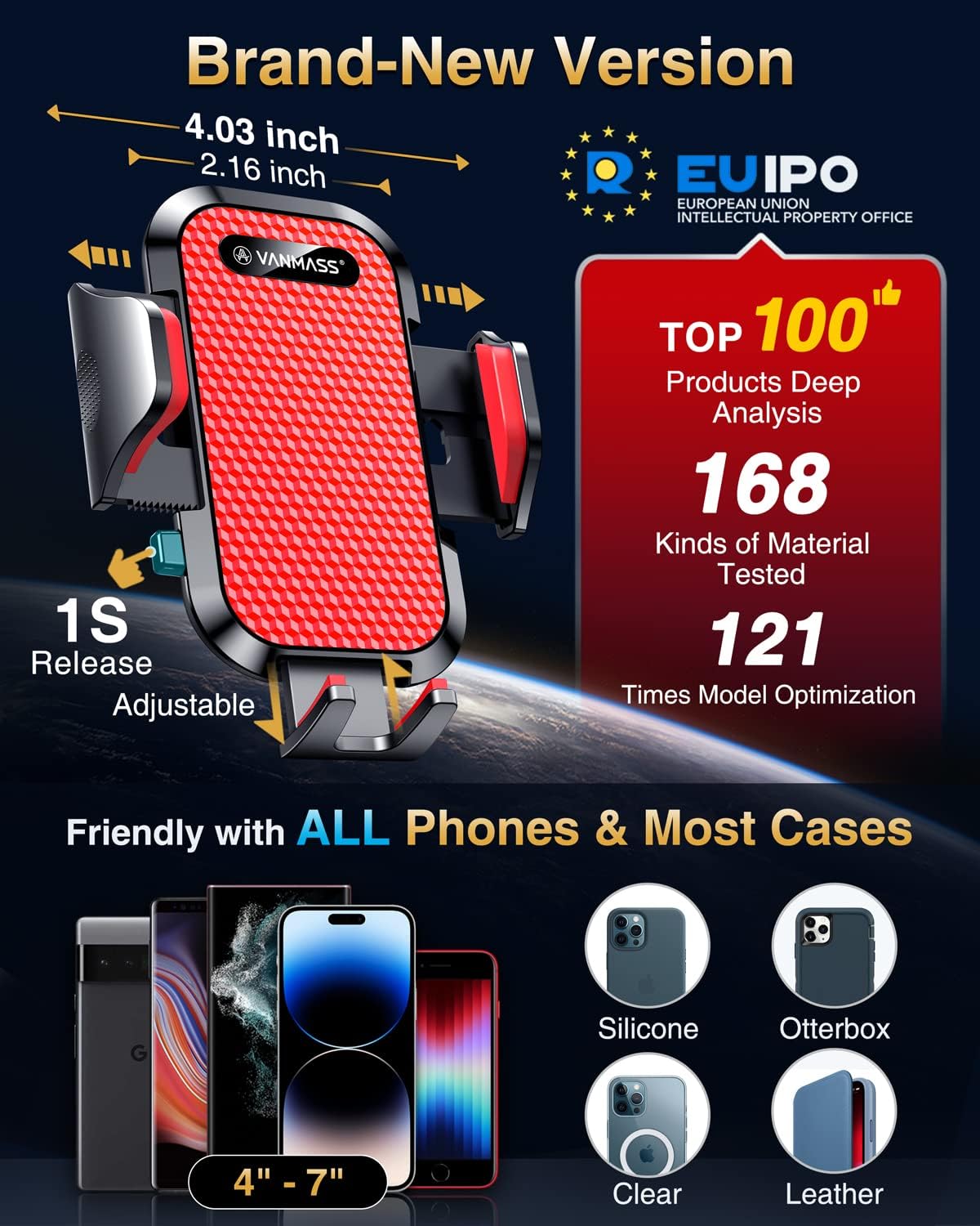 VANMASS [Pro Version] Universal Car Phone Mount [Super Suction Cup] Dashboard Phone Holder, Handsfree Windshield Dash Vent Phone Holder Car, Compatible for iPhone 16 15 14 13 Samsung LG & Truck,Red