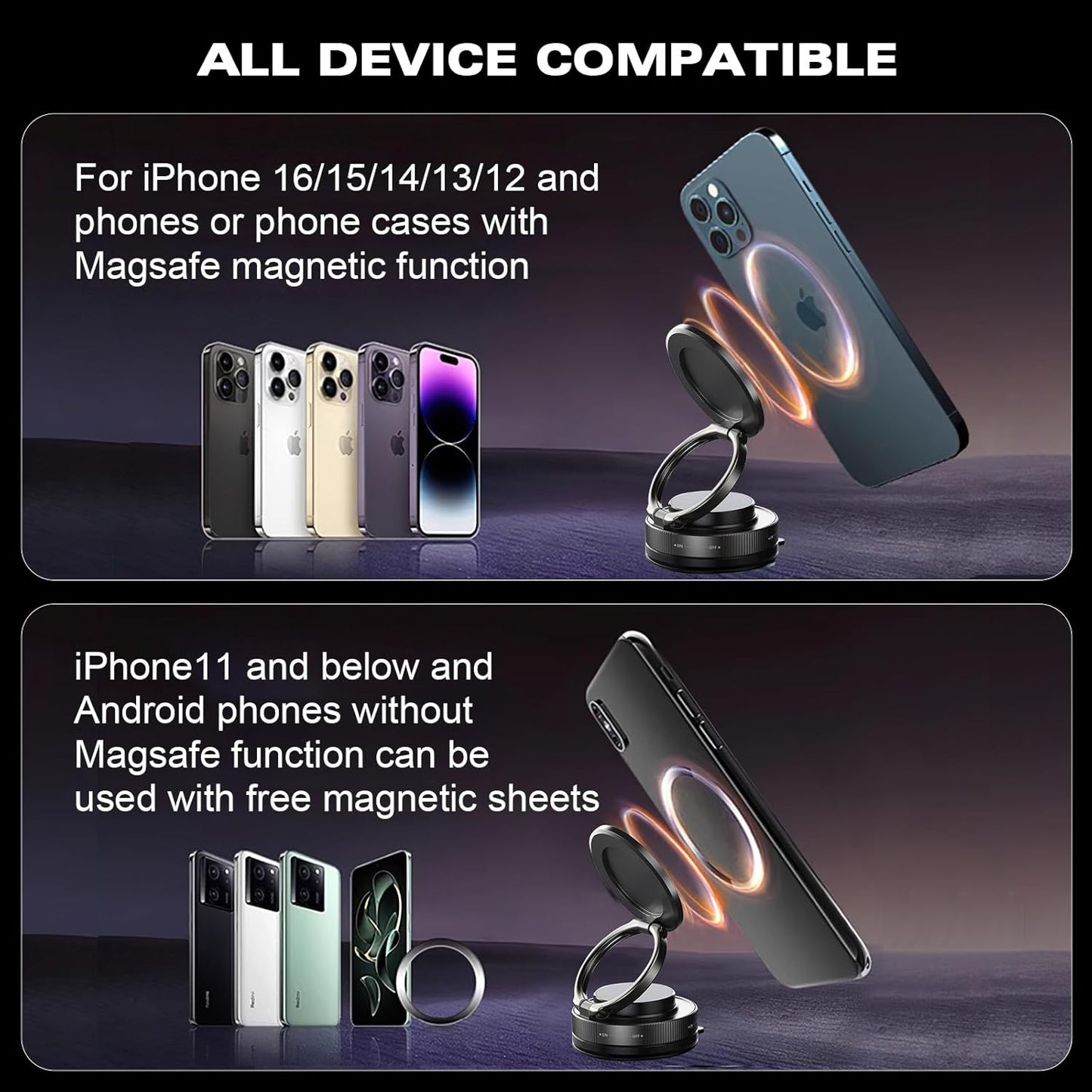 Vipbu Phone Mount, Vipbu Phone Holder, Car Phone Holder, 360° Adjustable Vacuum Magnetic Phones Holders, Foldable Car Mount, Universal Adjustable Stand for Phone Smartphones (Black)