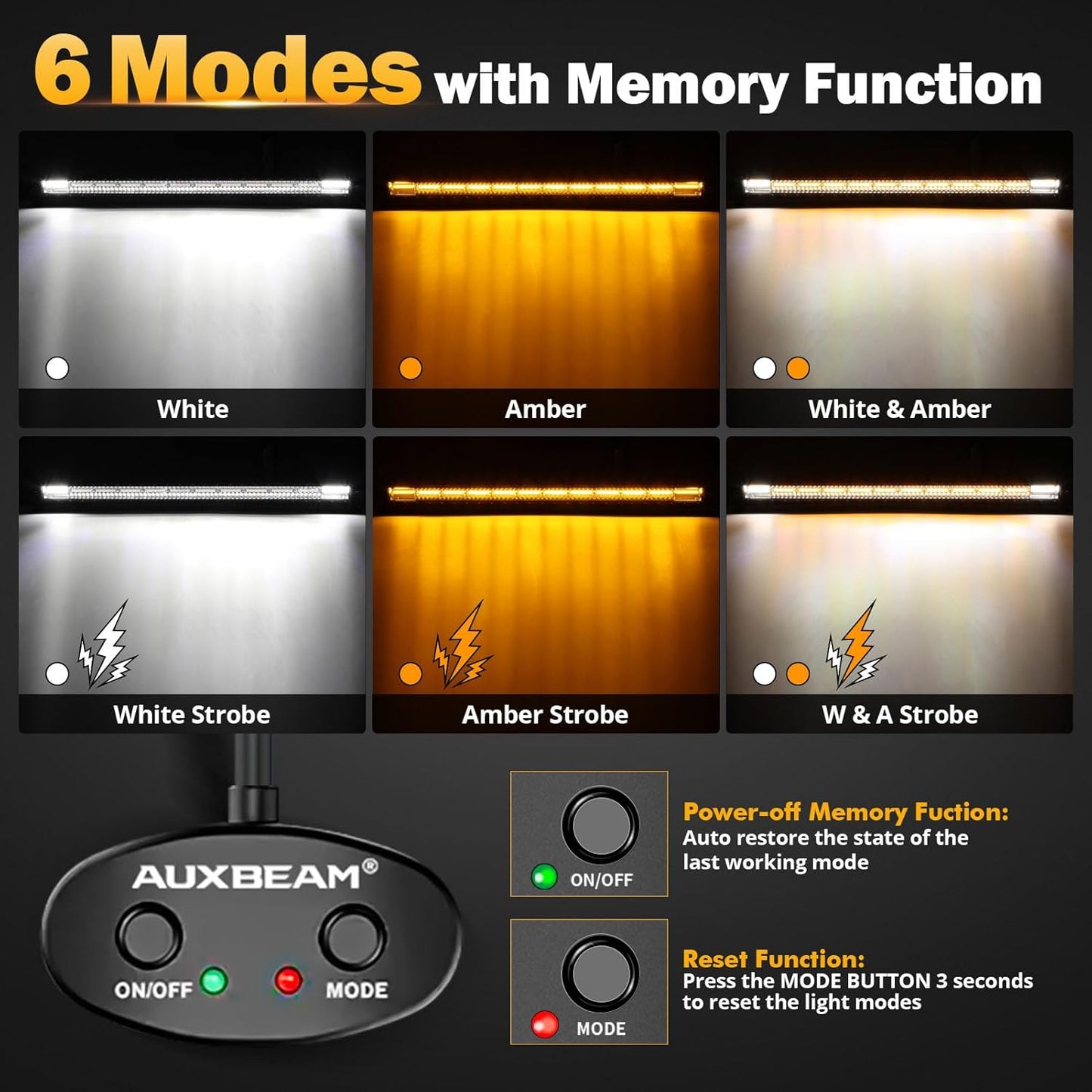 Auxbeam LED Straight Light Bar 50 Inch 288W Amber White Fog Lights, 6 Modes Strobe Yellow Offroad Driving Work Light with Memory Function for Truck Boat Jeep