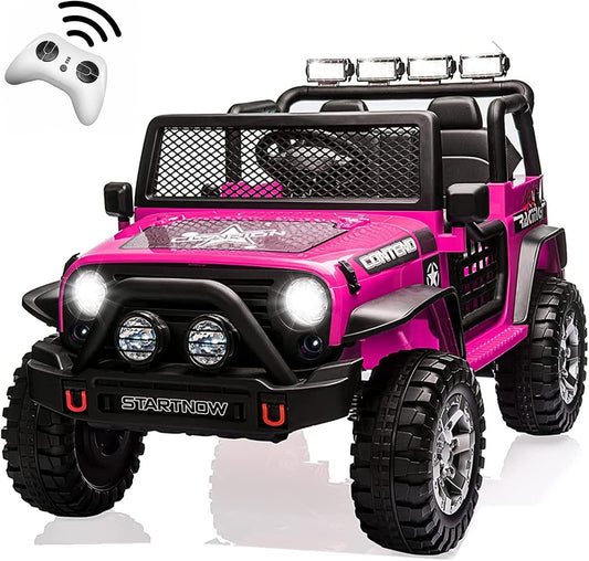 2-Seat Kids Ride on Truck Car, 12V Battery Powered Electric Vehicle with Remote, Electric Car for Kids/Toddlers w/Spring Suspension, LED Light, Music, MP3, 2 Doors, 3 Speeds, (Pink)