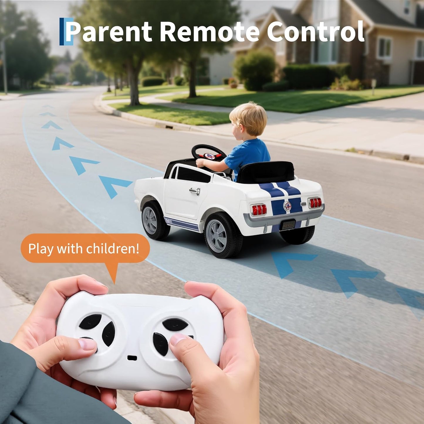 12V Ride on Car Licensed Shelby GT350, Battery Powered Ride On Toy for Toddlers with Remote Control, Electric Car for Kids, Bluetooth, Shock Absorbers, Safety Belt, 3 Speeds, LED Lights, Music, White