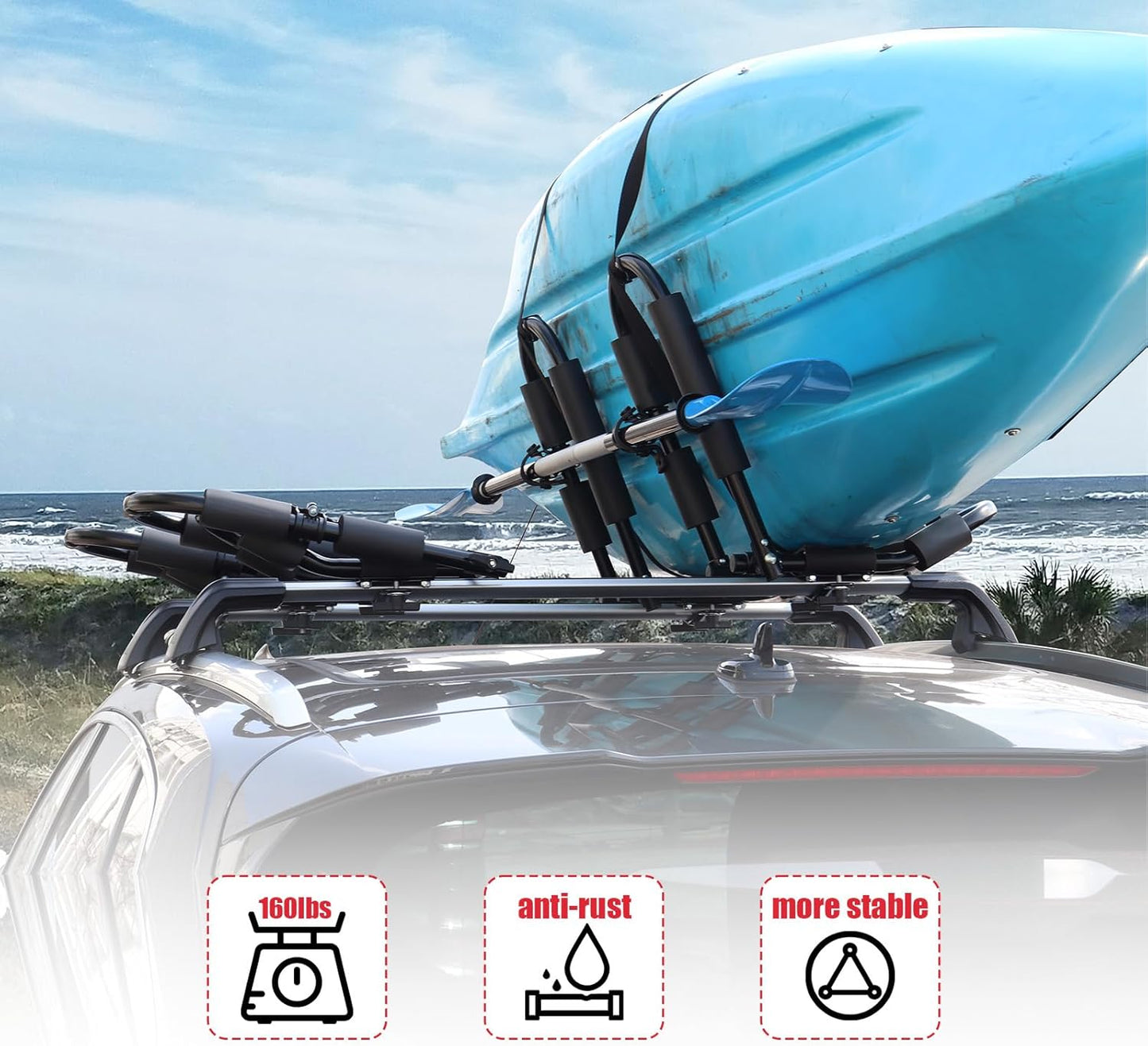 FORWODE Premium Kayak Roof Rack, 2 Pair J-Bar Roof Rack, Folding Adjustable Rack, Heavy Duty Kayak Roof Carrier 2 Kayak, Canoe, SUV, Surfboard on SUV, Car and Truck Crossbar (4 pcs)