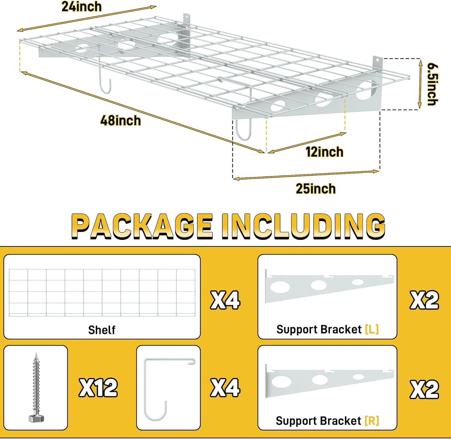 Ultrawall Garage Wall Shelves, 2 x 4 ft Wall Mounted Storage Shelves, Heavy Duty Wall Shelving with Hooks, Holds Up to 220 Lbs, 2Pack, White
