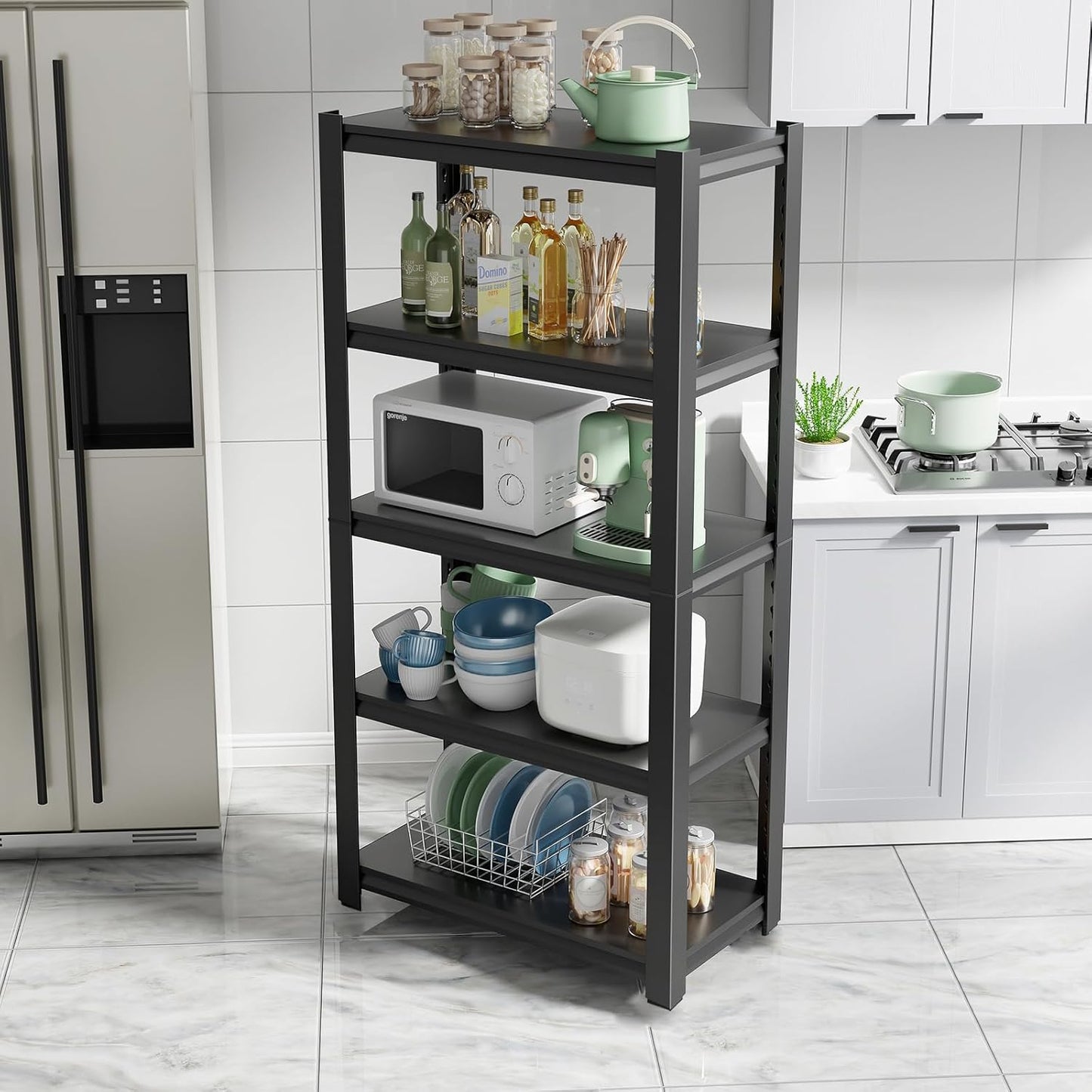 63H Metal Kitchen Storage Shelves, 1600 LBS Heavy Duty Garage Shelving Unit, 5-Tier Adjustable Pantry Shelves, Food and Beverage Storage Rack, Appliance Storage Utility Shelf for Balcony - Black