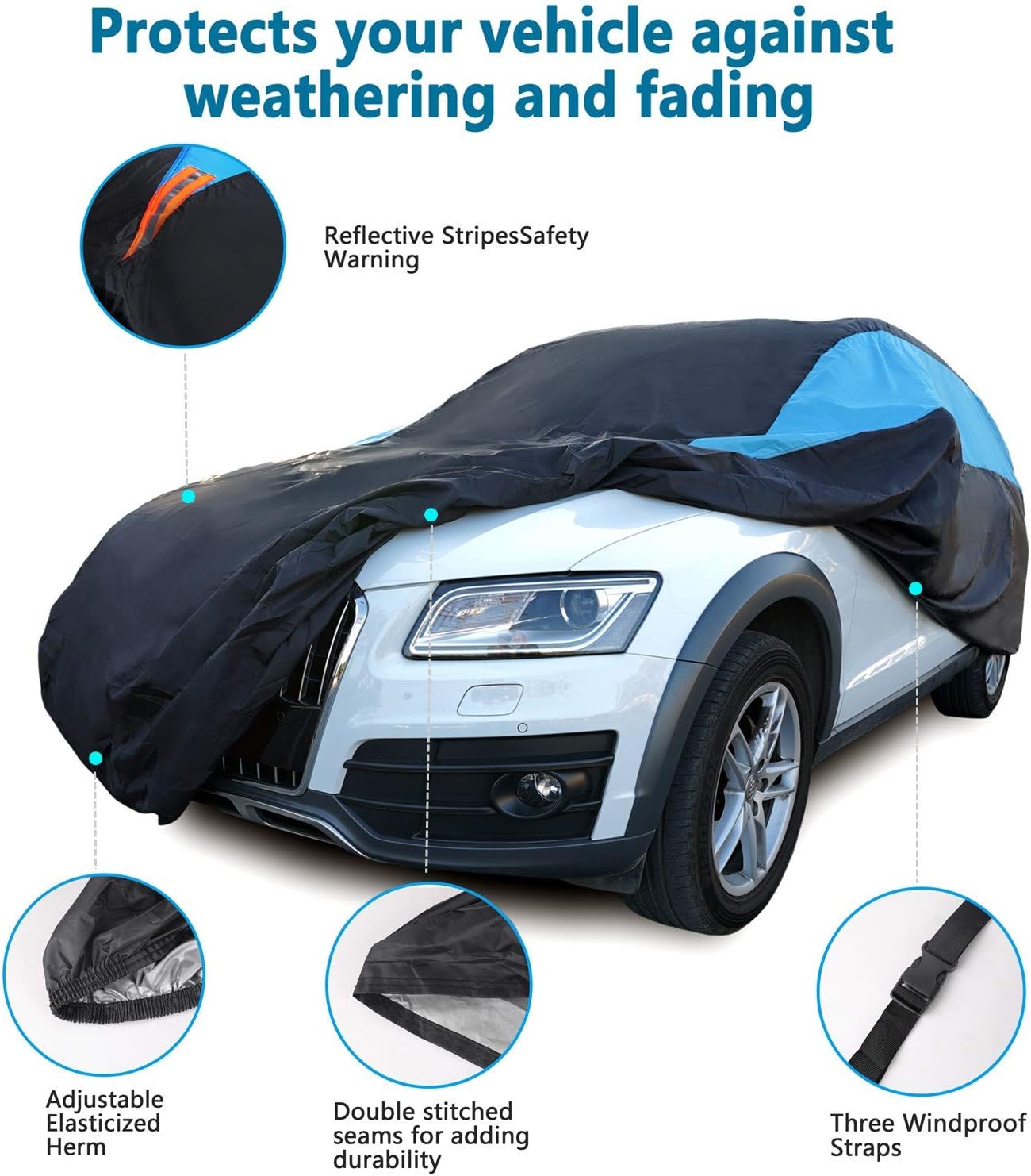 MORNYRAY Waterproof Car Cover All Weather Snowproof UV Protection Windproof Outdoor Full car Cover, Universal Fit for Sedan (Blue, S0-Fit SUV Length(163-172 inch))