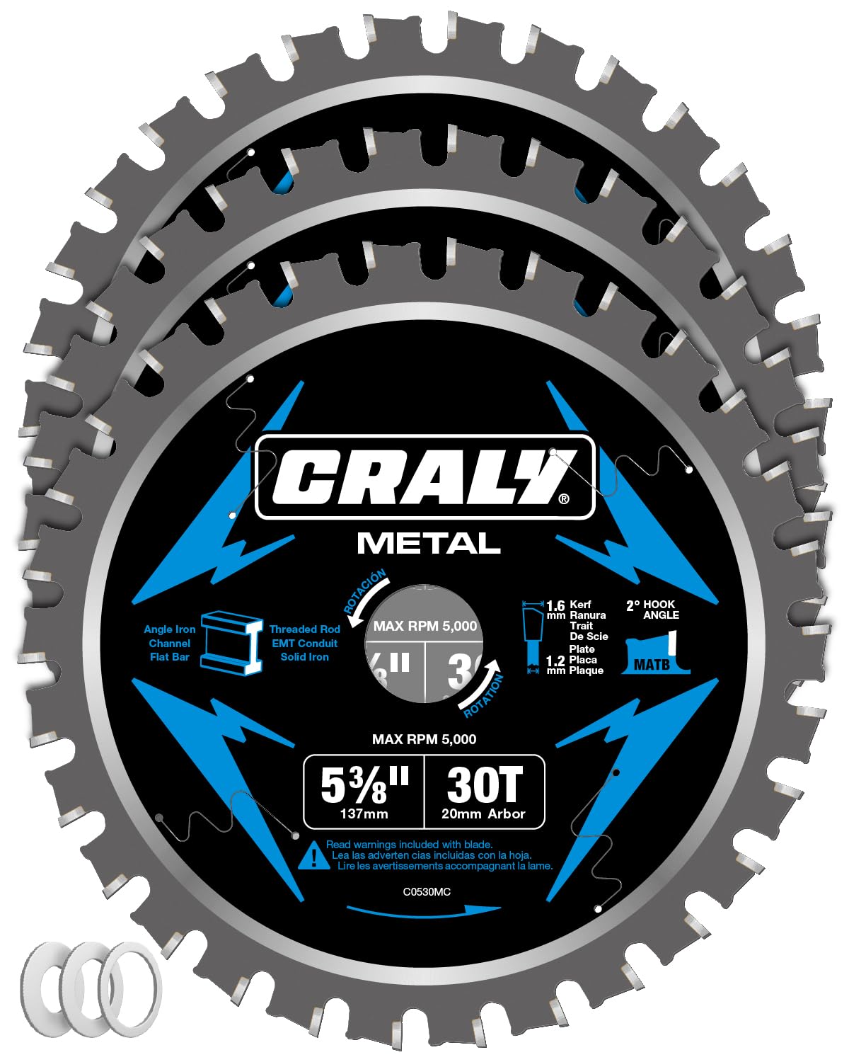 CRALY 5-3/8 Inch 30 Teeth Steel and Ferrous Metal Cutting Circular Saw Blade, 20 mm Arbor, Thin Kerf, Professional Carbide Tipped Blade for Angle Iron, Threaded Rod, EMT Conduit, 3-Pack(C0530MC-3)