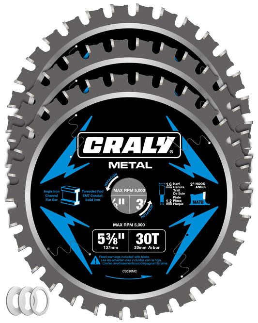 CRALY 5-3/8 Inch 30 Teeth Steel and Ferrous Metal Cutting Circular Saw Blade, 20 mm Arbor, Thin Kerf, Professional Carbide Tipped Blade for Angle Iron, Threaded Rod, EMT Conduit, 3-Pack(C0530MC-3)