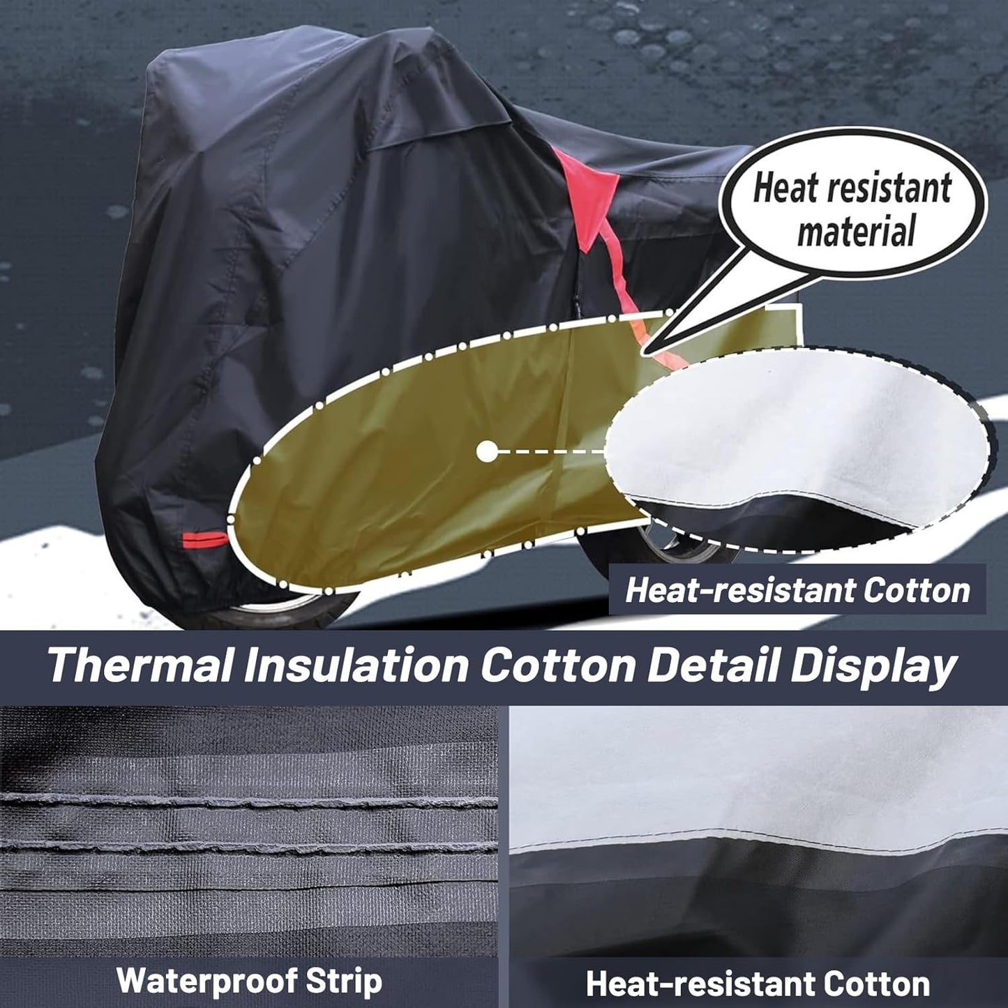 Motorcycle Cover,Waterproof Zipper Outdoor Cover for All Seasons Windproof, High Heat Resistance Dustproof and Rainproof Snowproof(Red Zipper XL Fits Up to 97 inch)