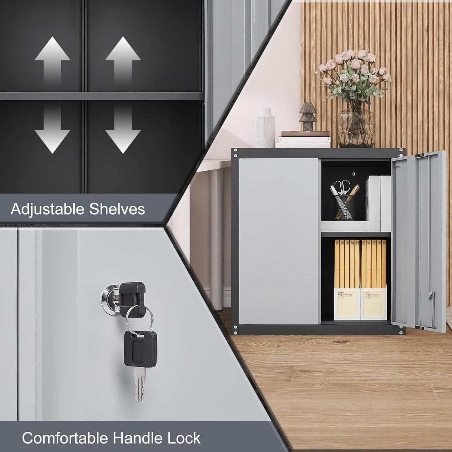 LUCYPAL Garage Wall Cabinet,Metal Wall Storage Cabinet with Adjustable Shelf and Locking Doors,Floating Utility Cabinets for Warehouse/Basement/Kitchen (Black&Grey,27.95" H)