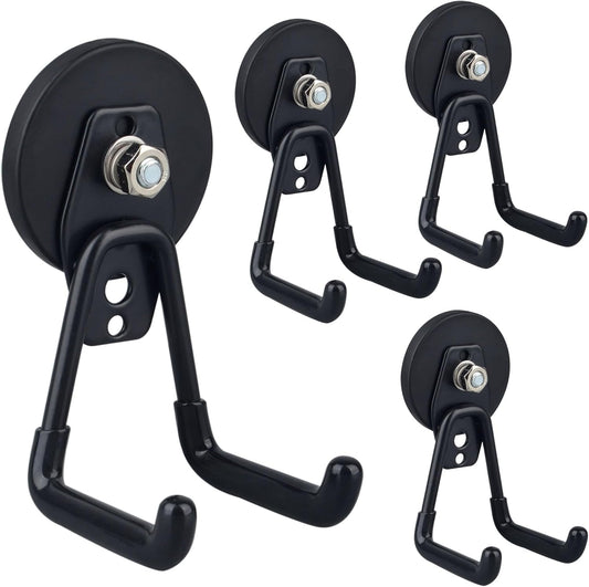ULIBERMAGNET Heavy Duty Magnetic Garage Hooks,4 Pack Strong Large Magnet Hook for Power Drill,Garden Tools,Hose,Pegboard,Garage, Workshop,Magnetic Storage Hooks for Indoor Outdoor Hanging(Black)