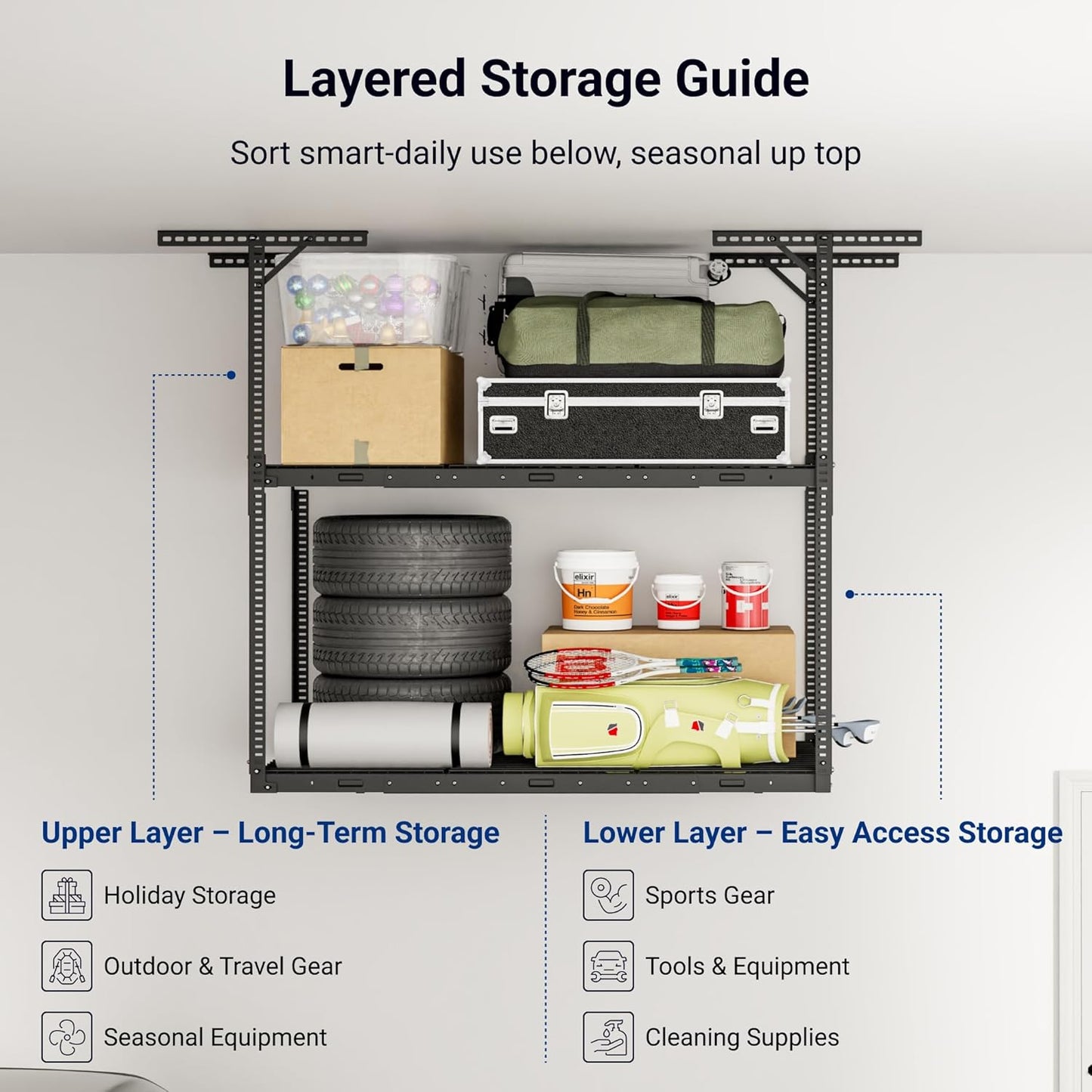 FLEXIMOUNTS 3x6 2-Tier Overhead Garage Storage Rack – Adjustable Heavy Duty Metal Garage Ceiling Storage Racks, 880 lbs Capacity – Garages Organization System for 10–15 ft Tall Garages, Black