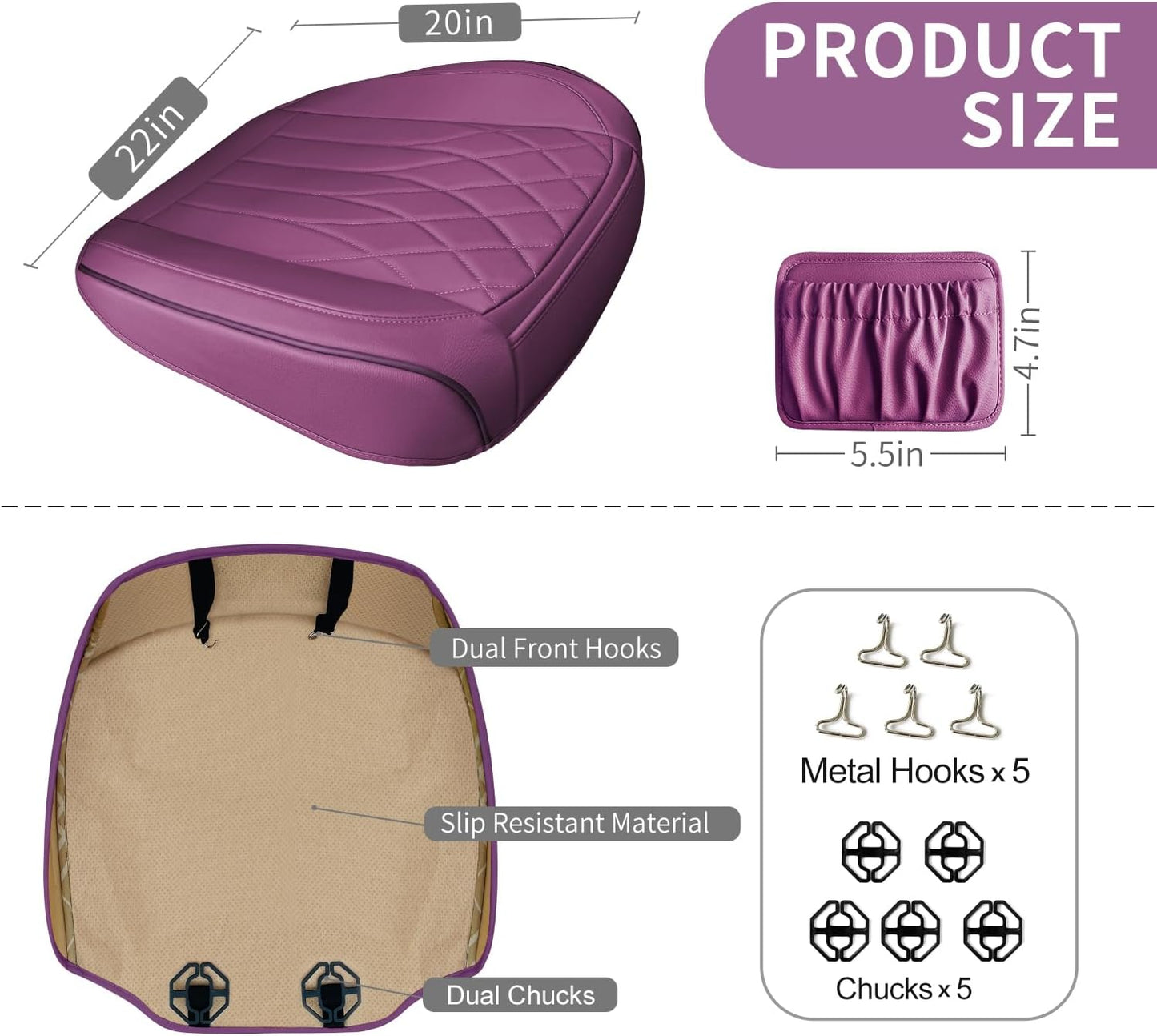 2 Pack Leather Front Car Seat Cover Bottom Car Seat, Universal Anti-Slip Driver Car Seat Protectors with Storage Pocket, Waterproof Bottom Auto Seat Cushion Pad Mat for Most Vehicles(Purple)