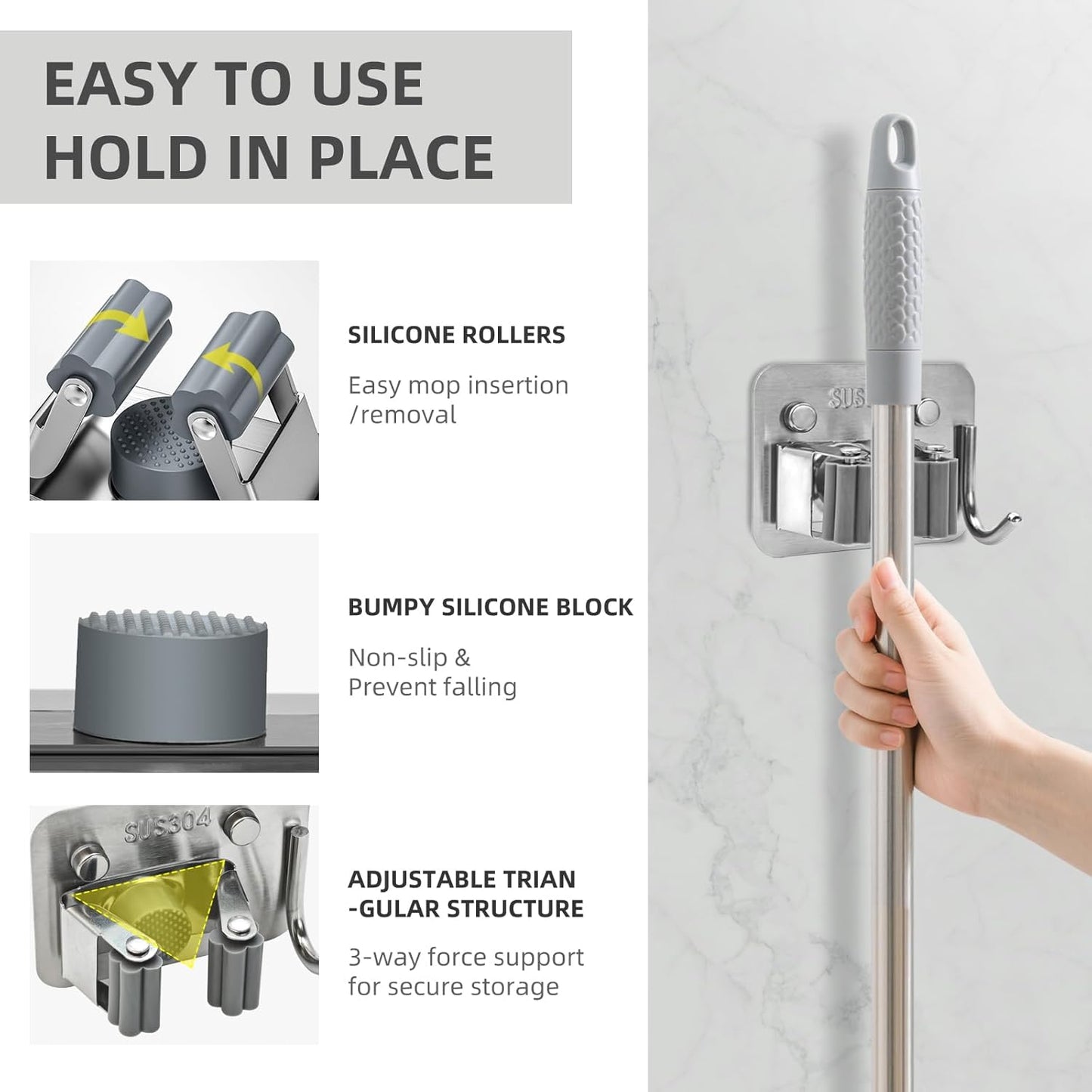 Broom Holder Wall Mount with Screws (4 Pack) Broom and Mop Organizer Wall Hanging, Anti-Slip Mop Holder Broom Hanger with Hooks, Stainless Steel Tool Rack for Garden Garage Organization