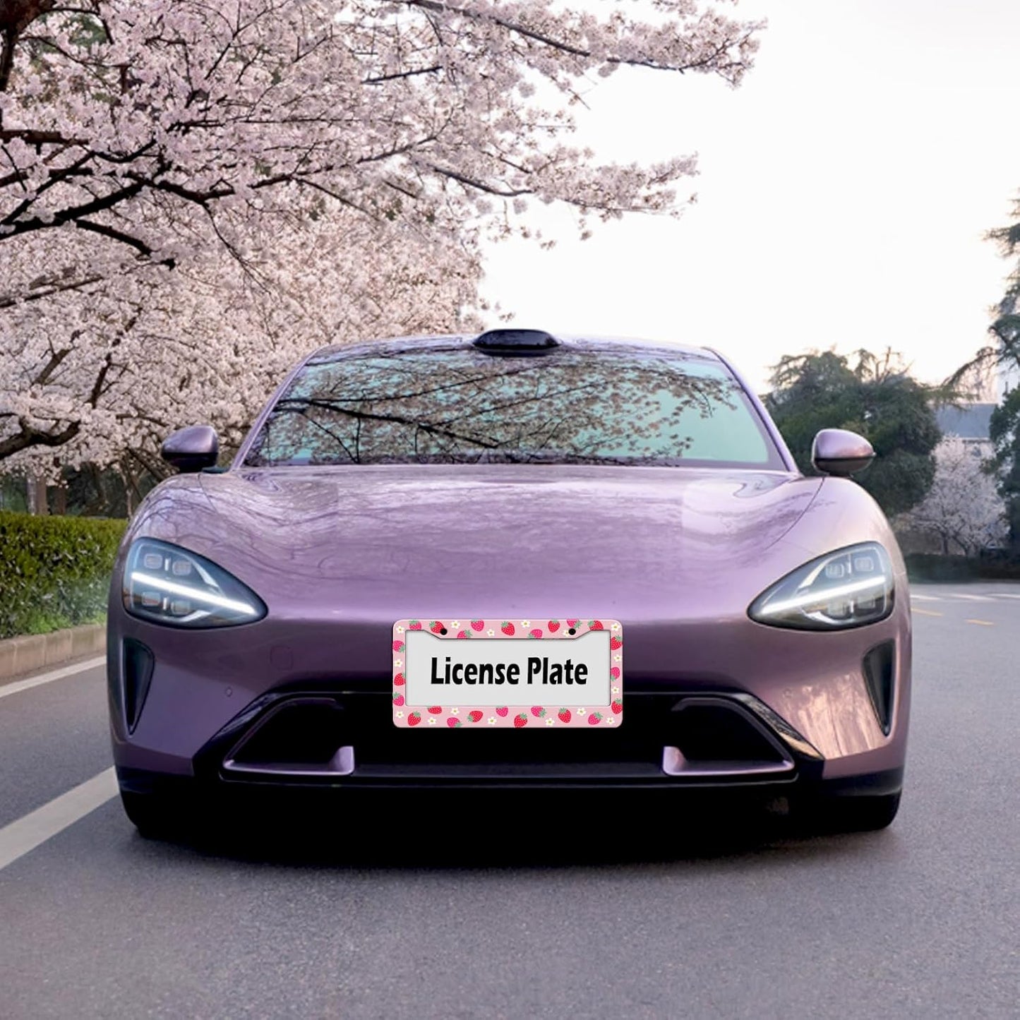 Cute Strawberry Printed License Plate Frame, Strawberry and Flowers Frames Holder Covers, Metal Aluminum Rustproof Car Accessories for Us Canada Standard Women Men 2 Holes with Screw Caps