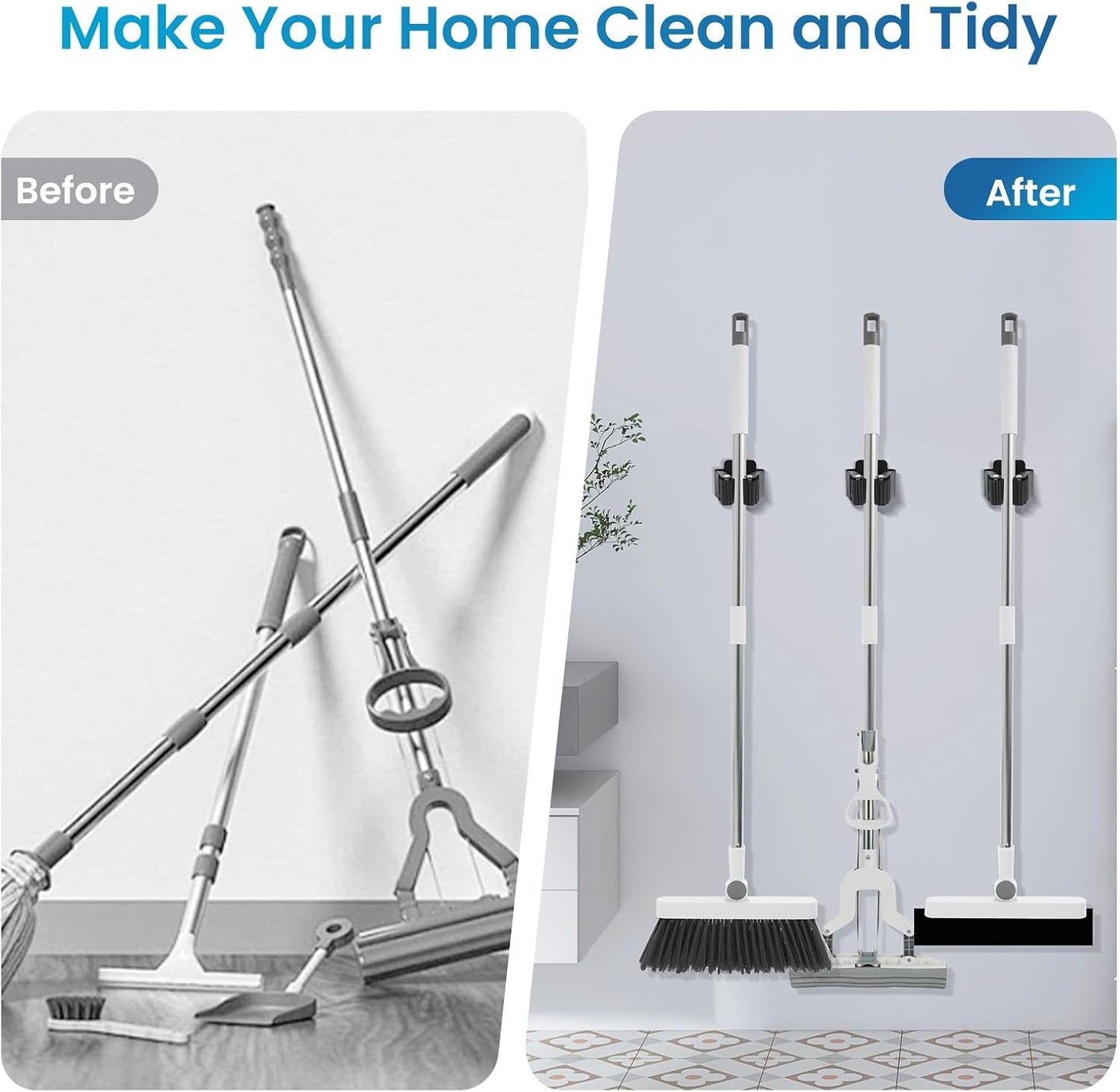 Broom Holder Wall Mount, 12PCS Broom Hanger Wall Mount, Stainless Steel Heavy Duty Mop Holder Broom Mop Hanger Wall with Screws, Garden Outdoor Tool Organizer Rack Broom Hanger (Black)