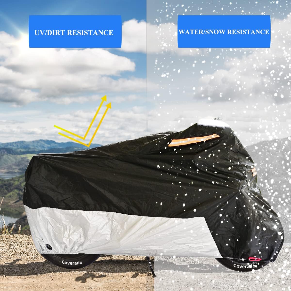 Motorcycle Cover, Coverado Motorcycle Covers Waterproof Outdoor Storage with Lockholes and Night Reflector, All Weather Waterproof Sun Protection Outdoor Scooter Cover Universal Fit Up to 93" Motors
