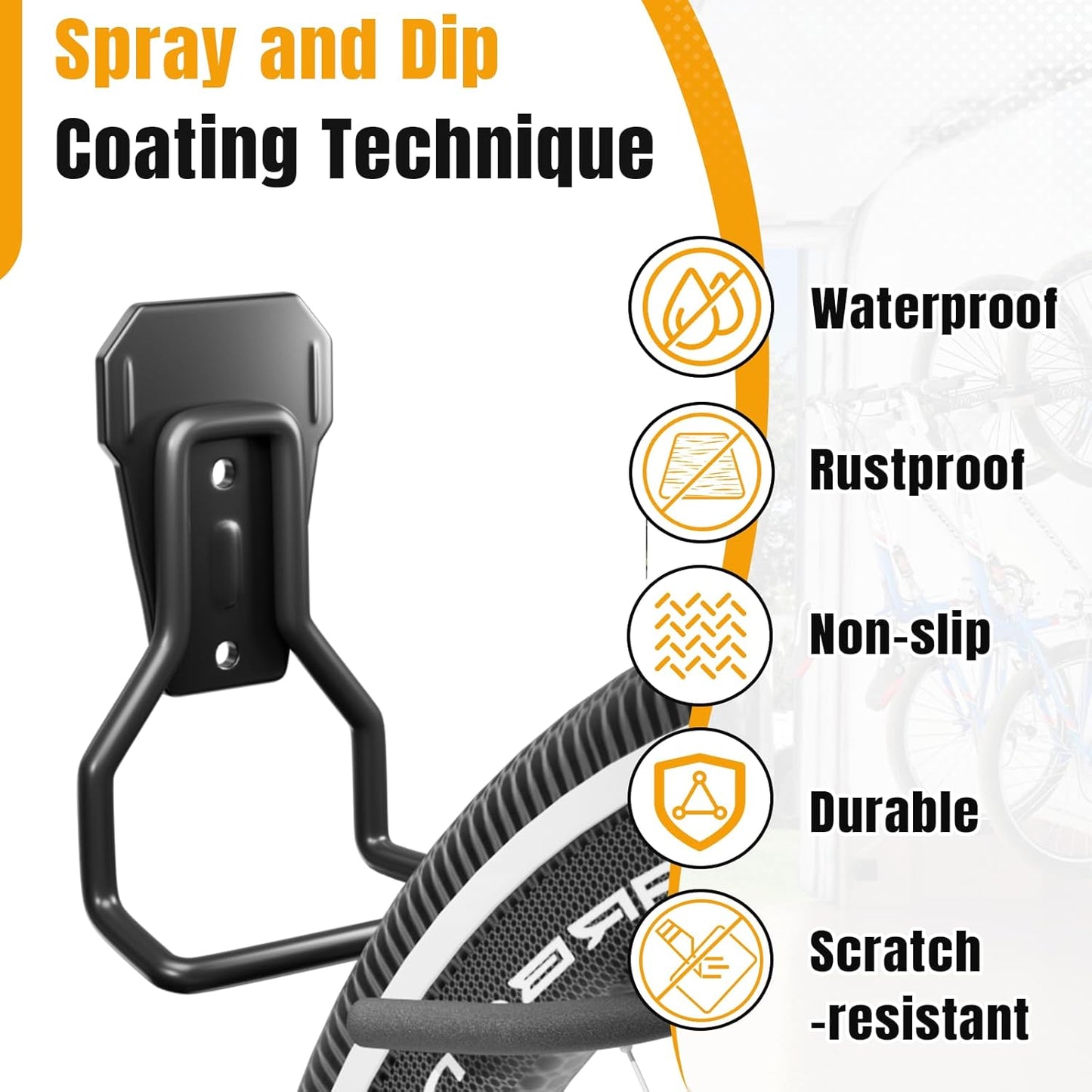 Wall Mount Bike Hooks Bike Hooks for Garage Vertical Bike Hanger for Indoor Use Heavy Duty with 8mm Thick Steel Frame 4PCS Storage System Black