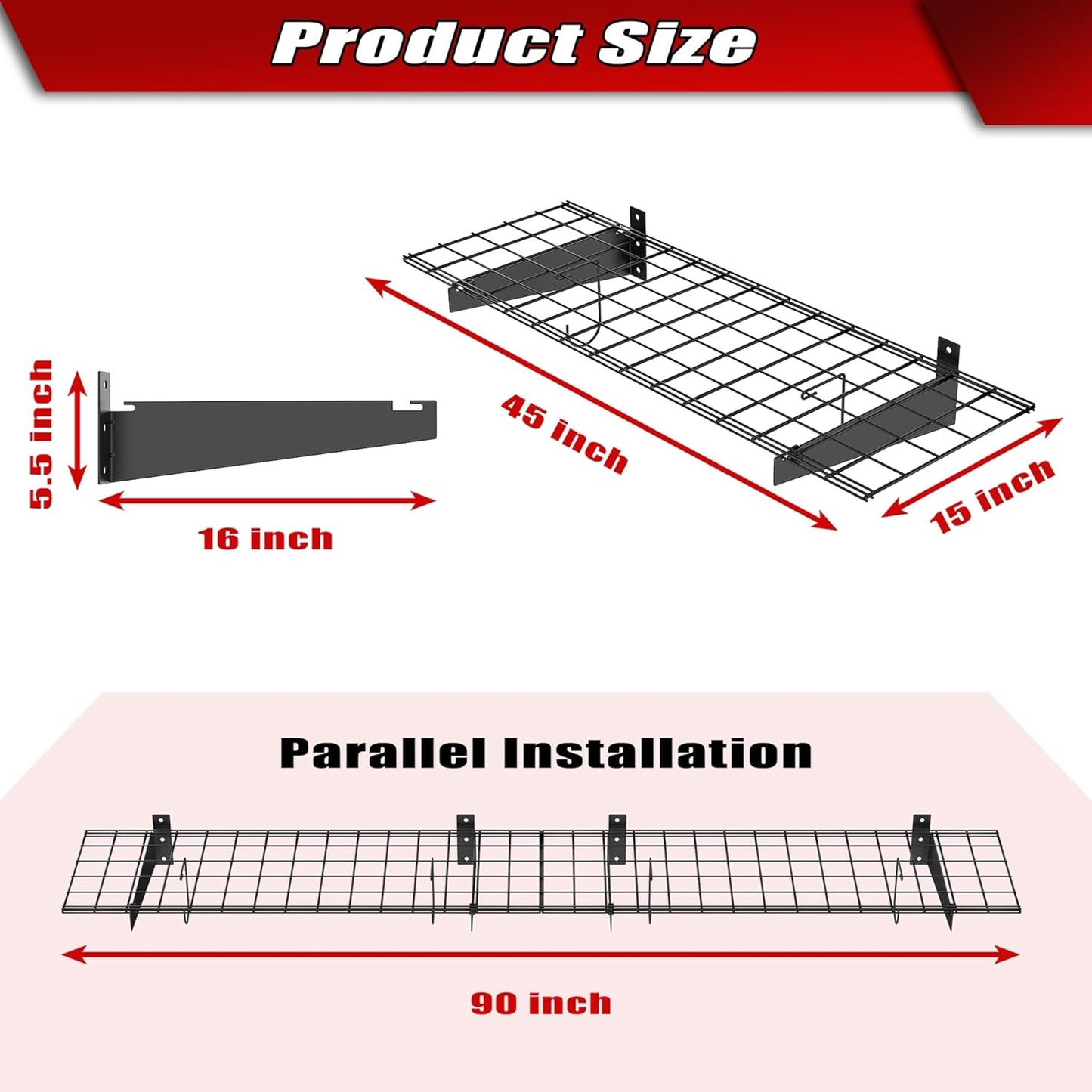 WALMANN 2 Pack Garage Wall Mount Shelves, 45x15 inch Wall Mounted Storage Shelves for Garage Heavy Duty Wall Shelving, Holds Up to 220 Lbs(Black)