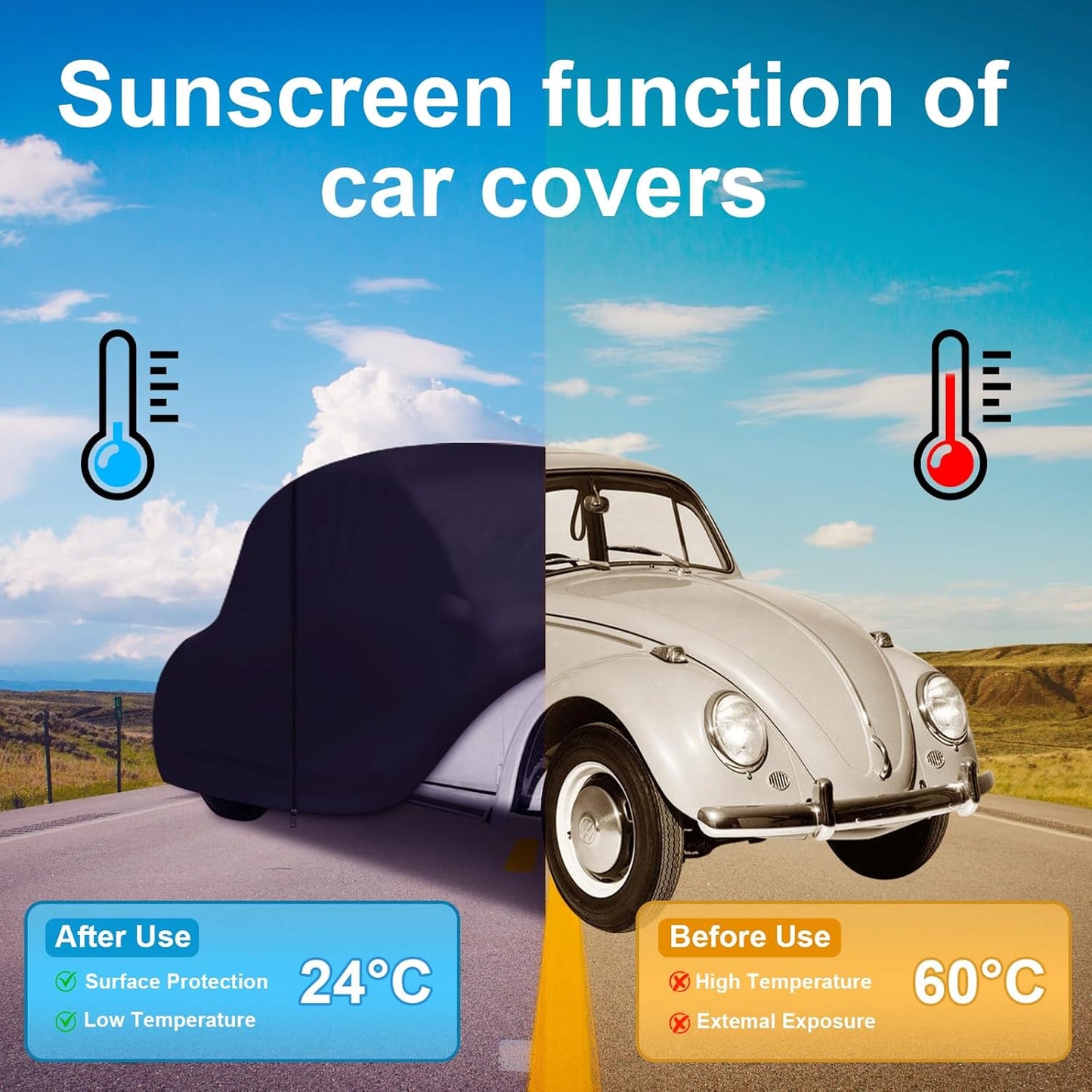 Car Cover Waterproof All Weather for 1960-1980 Beetle Sedan 2-Door Saloon Car, Heavy Duty 7 Layers Outdoor Full Cover with Door Zipper, Black