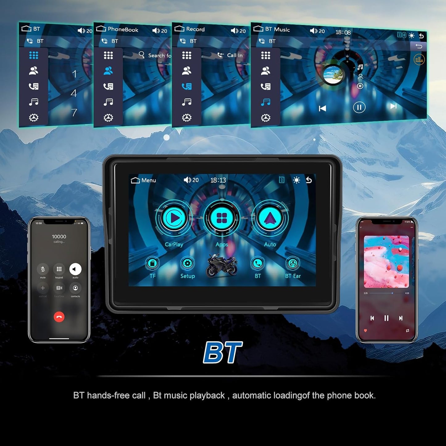 CAMECHO Motorcycle CarPlay Screen, 5" Waterproof Portable Wireless Apple Carplay Android Auto for Motorbike, Touch Screen Car Stereo Support Dual Bluetooth, Mirror Link, EQ, Siri Voice Control