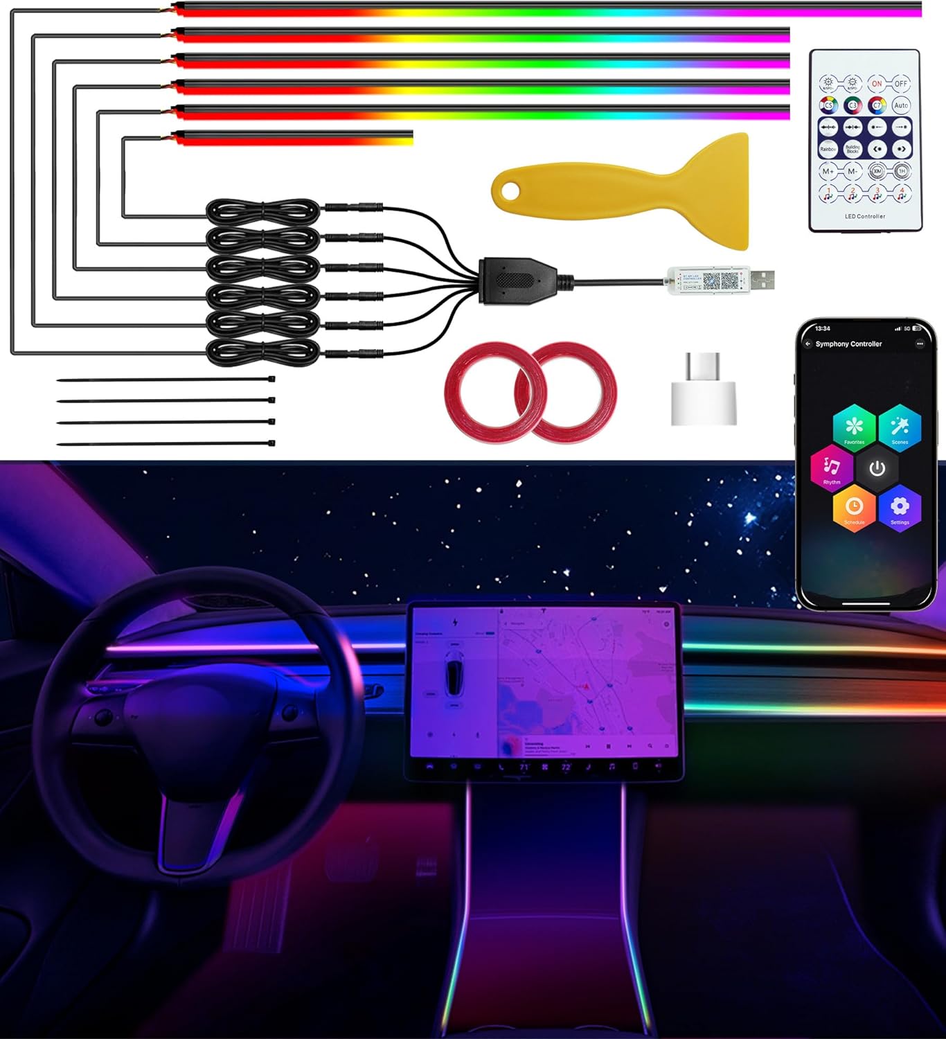 KENANEK Acrylic Interior Car LED Strip, 6 in 1 USB/Type C Interface Colorful 187-inch car Ambient Lights kit，Supporting Wireless Control Modes，with 16 Million Color Options