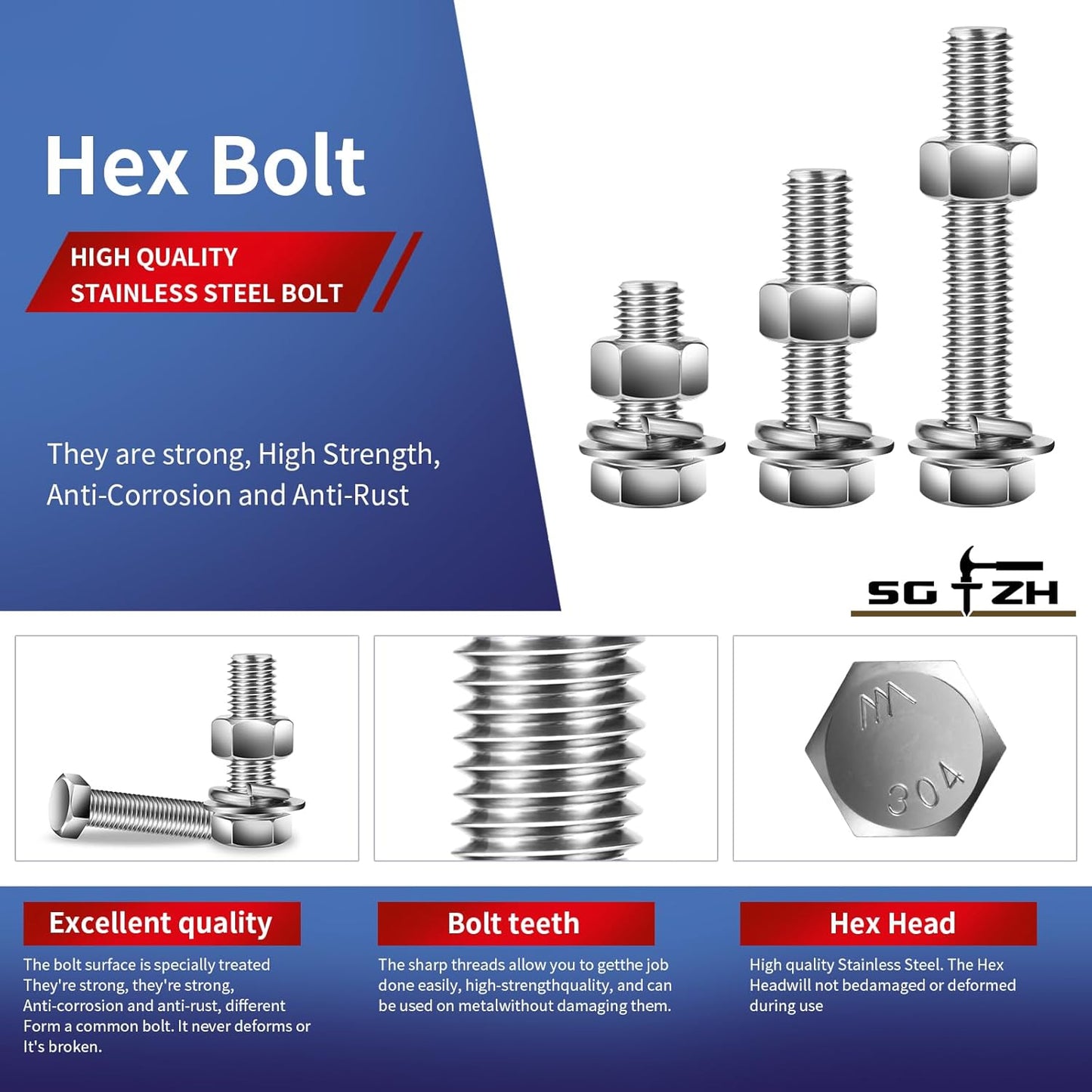 1/2-13 x 3/4" Hex Head Screw Bolt, Nuts, Flat & Lock Washers, 10Pcs 18-8 (304) Stainless Steel, Fully Threaded, by SG TZH