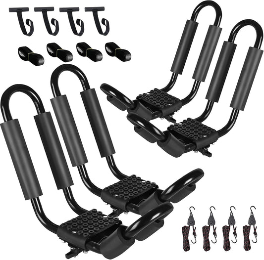 FORWODE Heavy Duty Kayak Roof Rack, 2 Pair J-Bar Kayak Rack with 4 Ratchet Tie, 4 S-Hook Ratchet Straps, 4 Anchor Belts for Kayak Canoe Boat Surf Ski on SUV Car Truck Crossbar