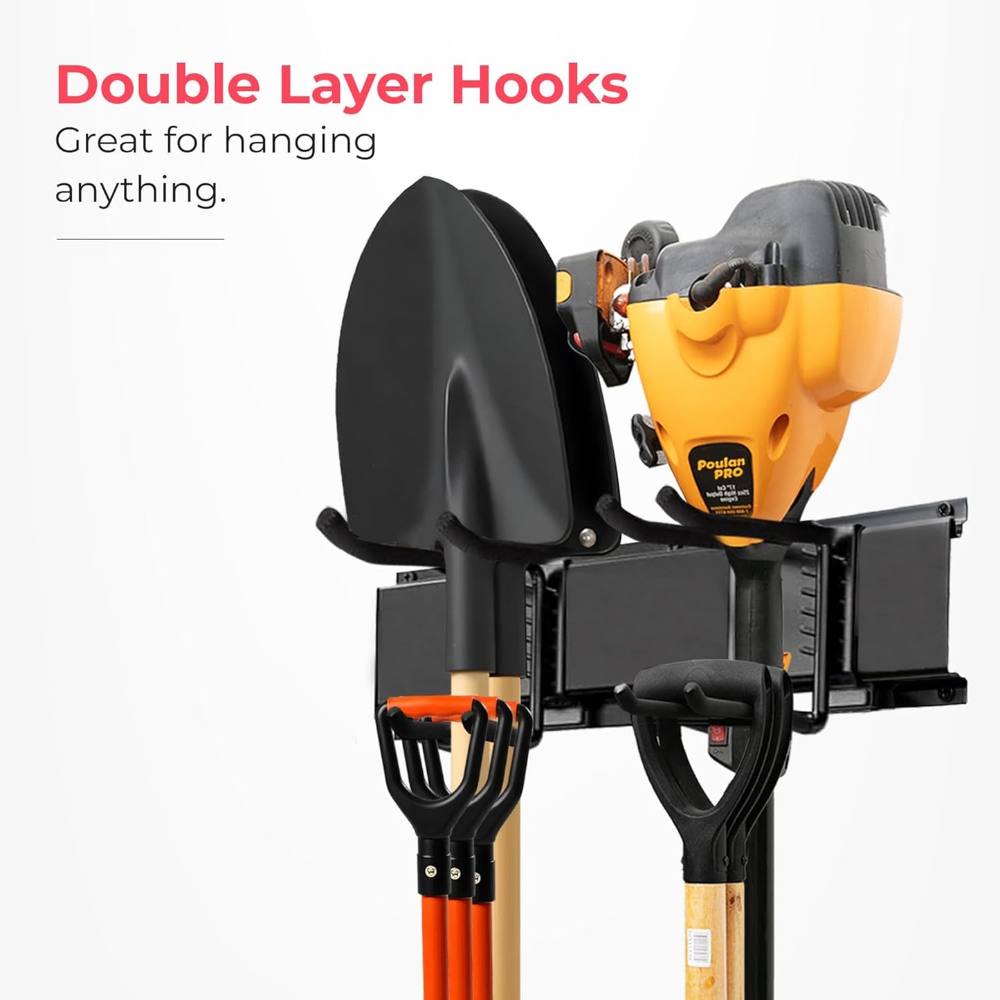 Garage Wall Organizer | 32" Heavy-Duty Tool Storage Rack | Adjustable Double-Layer Hooks | 200 lbs Capacity | Carbon Steel Wall Mount Holder for Shovels, Rakes, Ladders & Power Tools