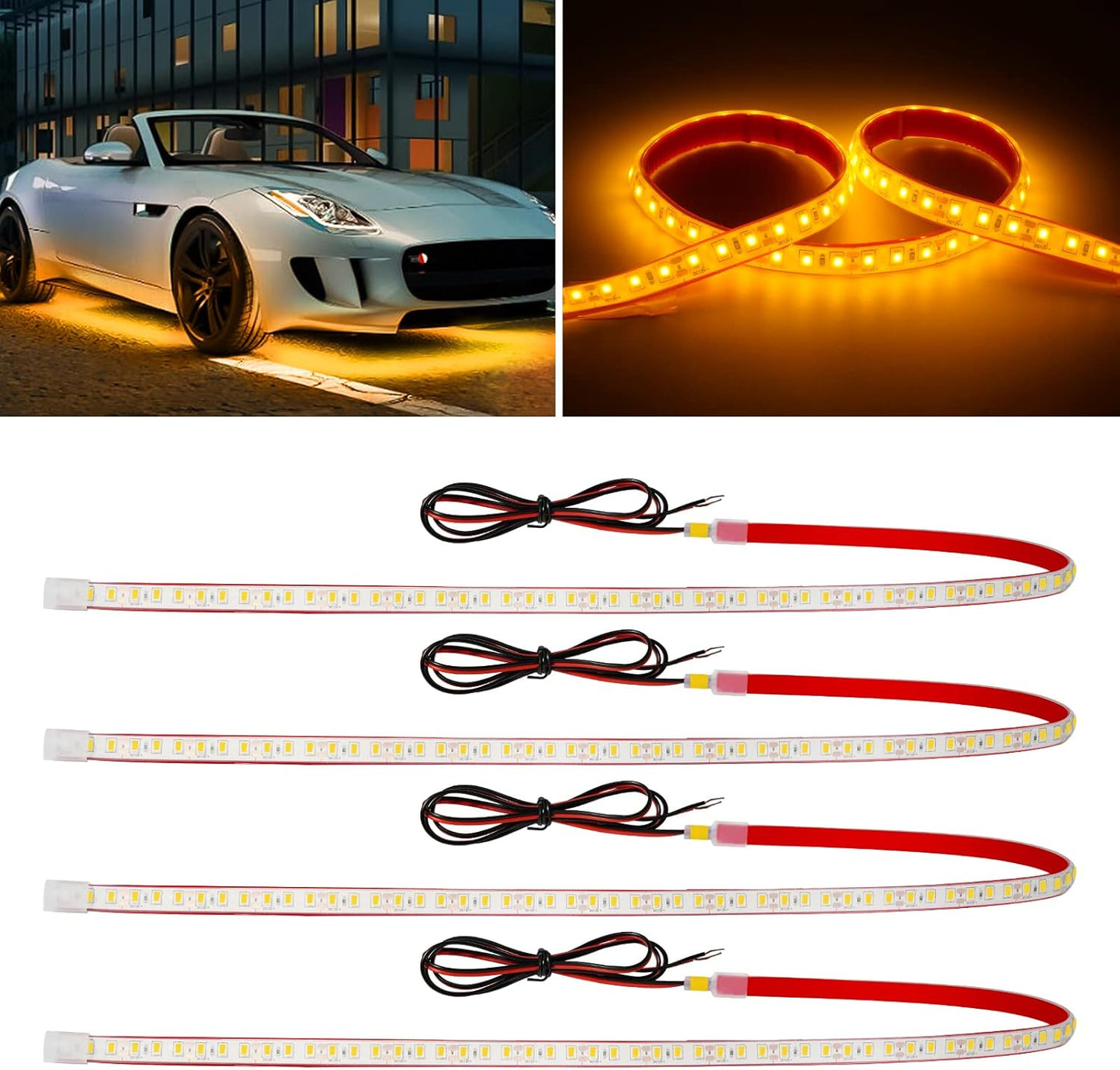 Amber Led Strip Lights,24inch 12V Interior Light Strip IP68 Waterproof Cuttable for Car Motorcycles Boat Golf Cart Truck Cargo Home Decoration with Strong Nano Tape(4PCS)