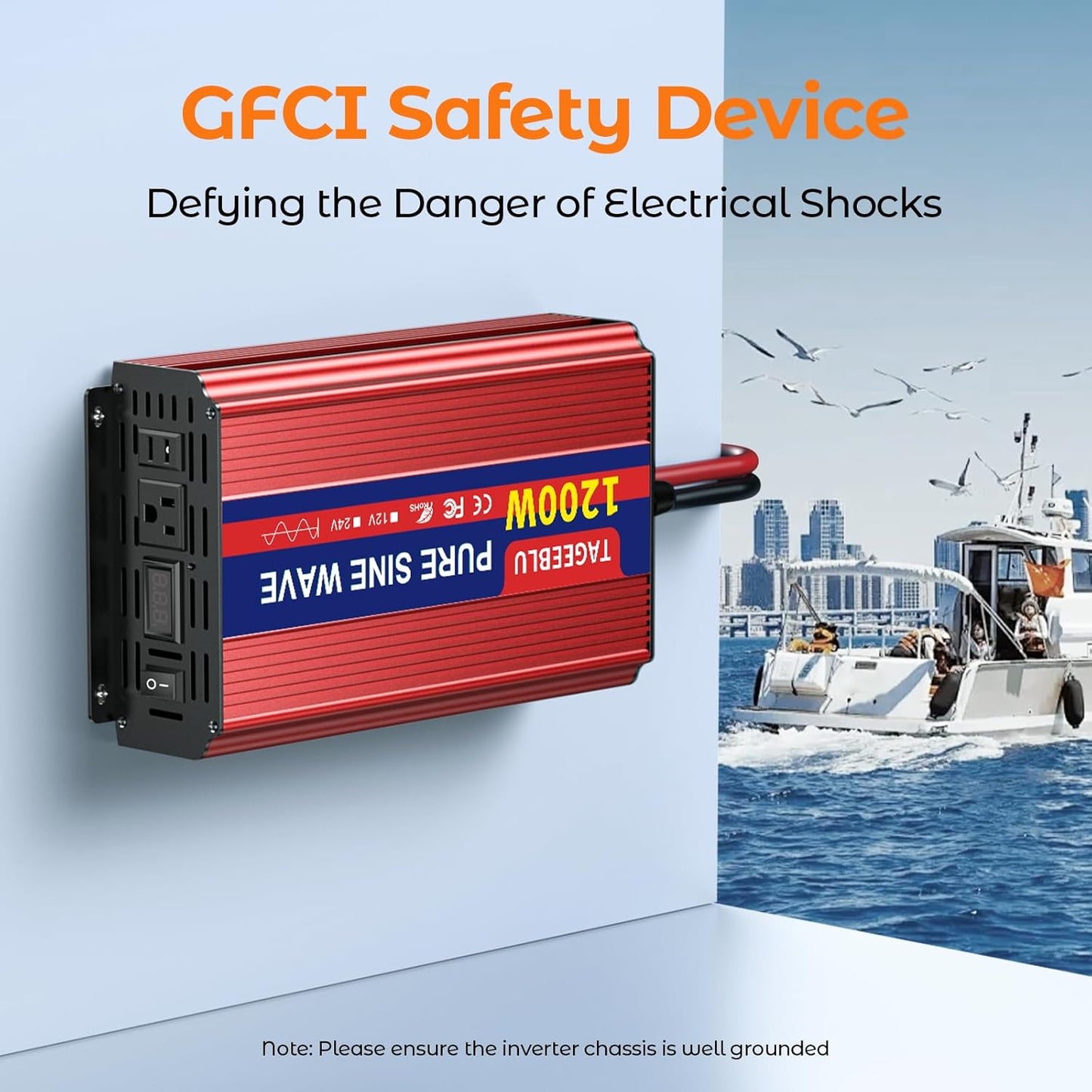 1200W Pure Sine Wave Inverter, 12V DC to 110V/120V AC Power Inverter for RV、Off Grid、Truck、with 2 AC outlets and LCD Display