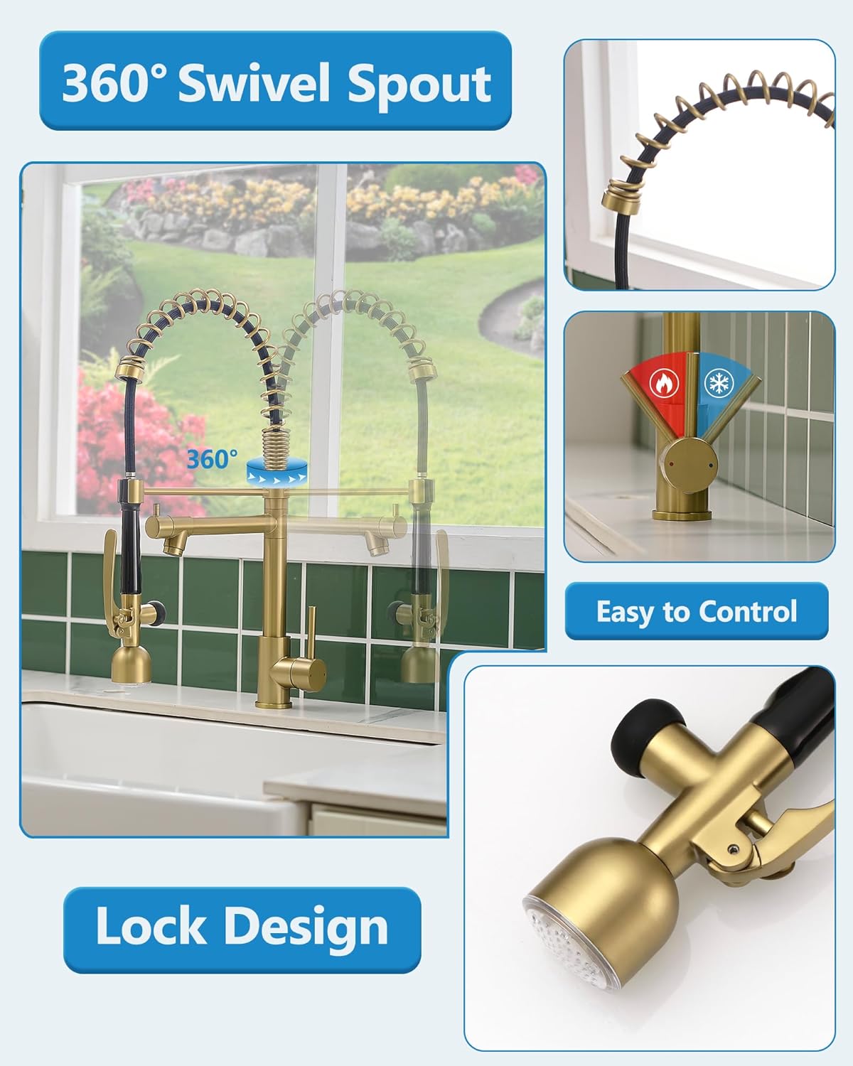 Fapully Single Handle High Arc Brushed Gold Pull Down Kitchen Faucet LED,Single Level Kitchen Sink Faucets with Pull Down Sprayer