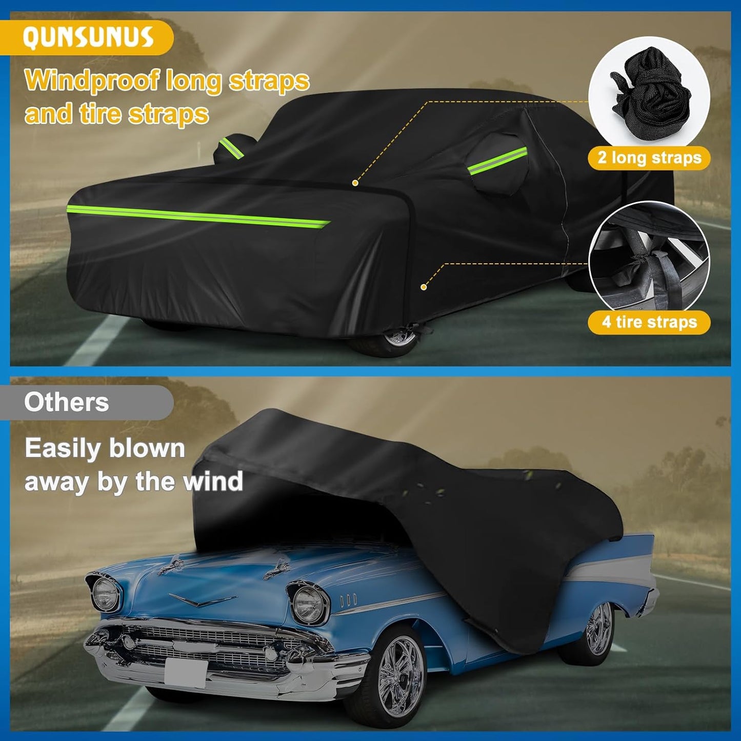 QUNSUNUS Waterproof Car Cover for Chevrolet Bel Air/150/210 1950-1957 Sedan/Coupe/Hardtop, All Weather Outdoor Car Covers with Zipper, Straps and Elastic Edge