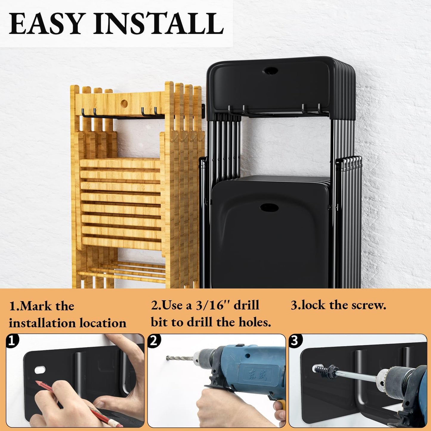 Garage Storage Organization Wall Mount, Heavy Duty Folding Chair Storage, Garden Tool Hanger for Patio, Beach & Camping Chairs Organizer Hooks, Holds 240 lbs - 2 Pack