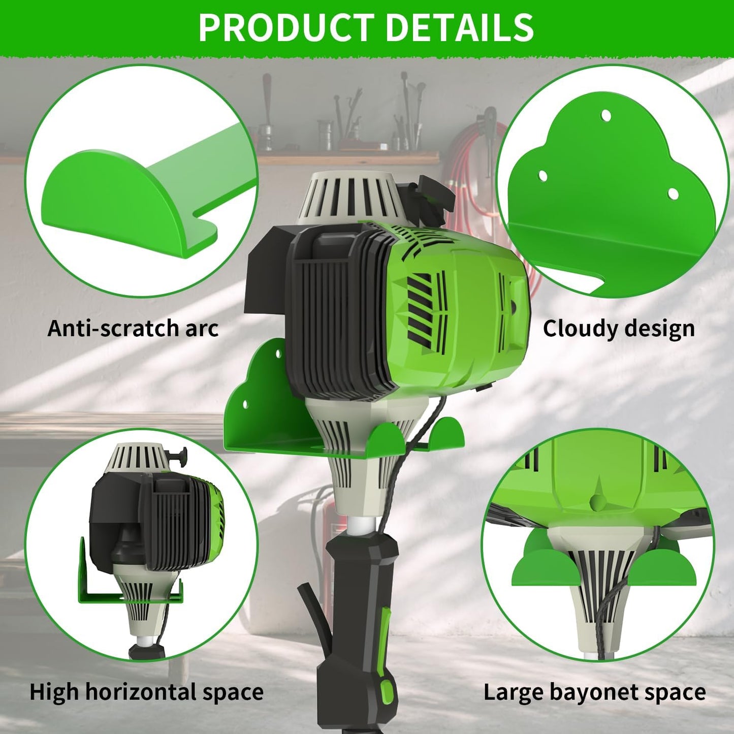 Trimmer Rack Wall Mount, Heavy Duty Weed Eater Hanger for Grass Trimmer, Hedge Trimmer, Leaf Blower, Chainsaw, Garage Organizer Tool Holder with 6.2" Hook for Garage Storage Shed Organization, Green