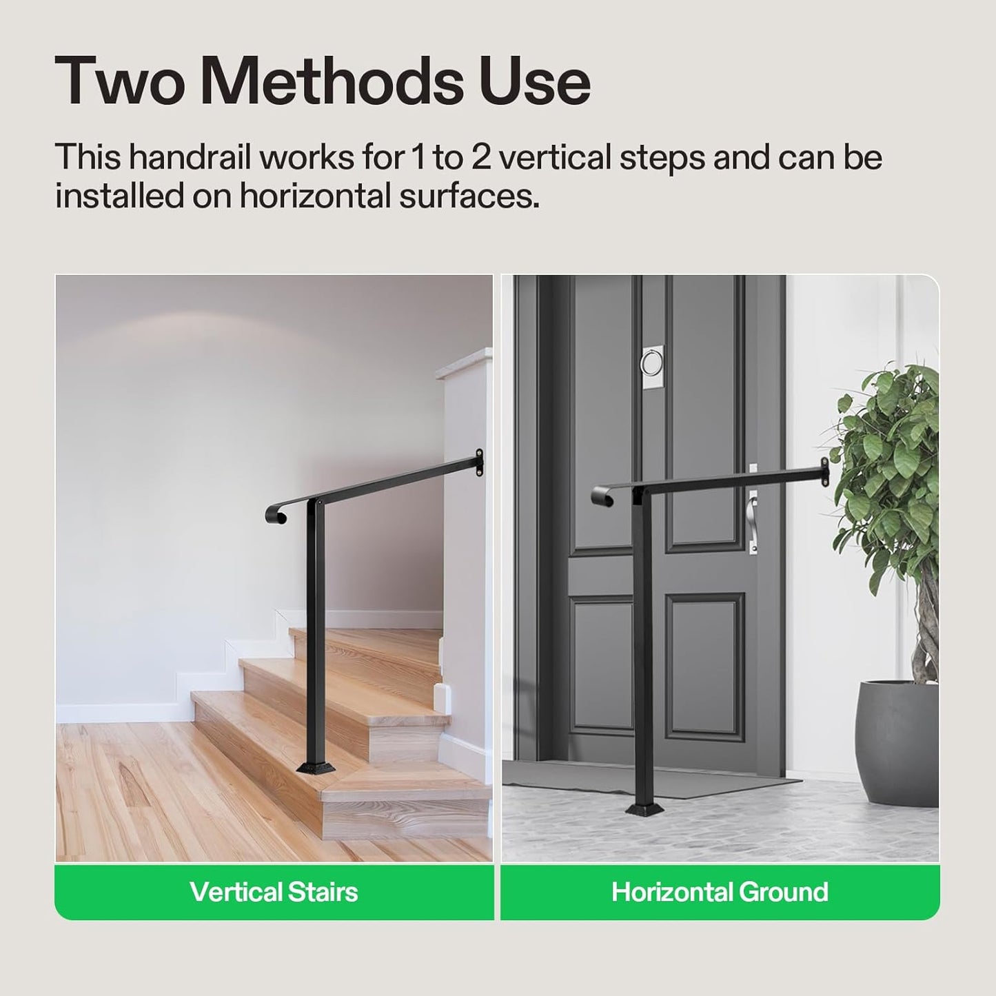 VIVOSUN Outdoor Handrail, 2 Step Stair Handrail, 31.5" x 39" Fits 1 to 2 Steps, Wrought Mattle Iron Stair Railing with Single Curved End for Concrete Steps, Porch Steps, One-Step Assembly, Black